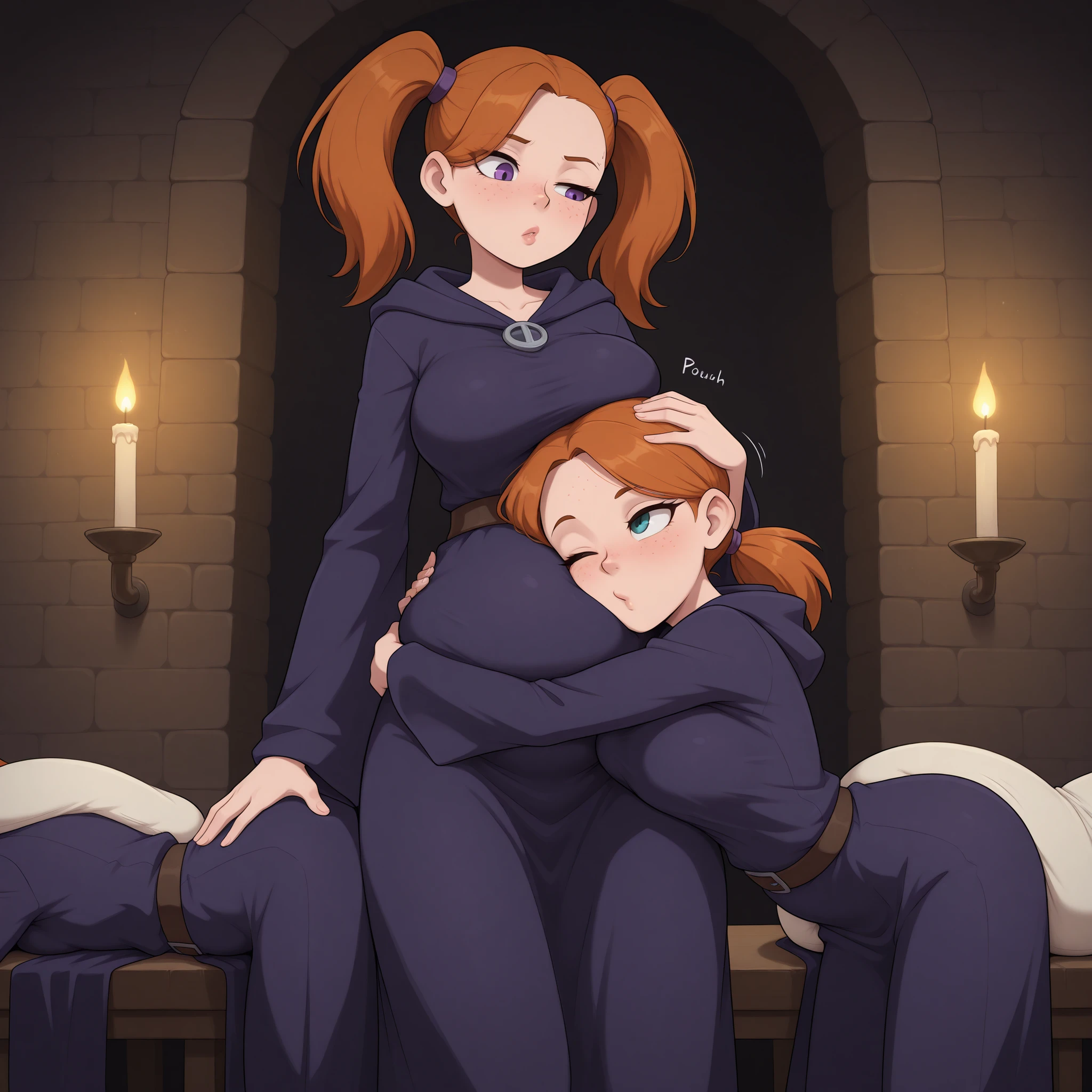 masterpiece, high quality, best quality, 
witch abode, dark medieval chamber, candle light, potions, witch robes, pigtails,
fully dressed, belly hidden by clothes, stomach covered by clothes
visible forehead, freckles, moles, detailed eyes, detailed lips,
slim body, slim waist, slim belly, skinny, athletic, slight muscles, large breasts, 

detailed background, dramatic lighting, underlighting, 

three-shot, 3 females, different haircuts, different clothes, belly pillow, head on belly, faced smooshed by two bellies, faced crushed by bellies, face enclosed by bellies,
1 short girl [center, bottom of frame] smooshed between the bellies of 2 women [profile, top of frame, standing], two bellies crushing head, two bellies crushing face,
1 short girl: [frontal shot, facing viewer, head placed between 2 bellies, head pressed against bellies, ear next to bellies, face between bellies, listening to bellies, smooshed cheeks, tousled hair, has both eyes visible, startled eyes, curious expression, focusing, one eyebrow raised, one eye shut in focus], 
2 women: [profile, standing on both sides of frame, bellies pressing into short girl's head on both sides, one hand placed on the side of belly],

digestion sounds, digestion effects, loud digestion,