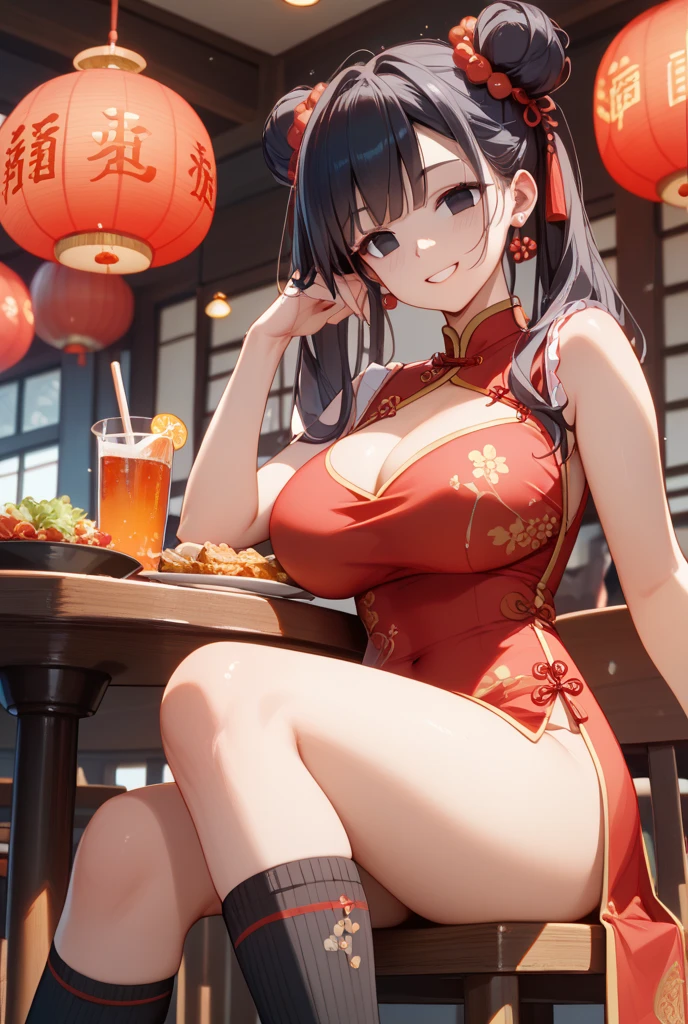 masterpiece:1.2, best quality), realistic, (real picture, intricate details, depth of field), (1girl, solo), make up, parted lips, highly-detailed, perfect face,
(huge breasts:1.4), (skindentation), thick thighs, wide hips, small waist, tall, glossy coral lips,
(A girl sitting at a table restaurant, traditional Asian clothes)), sexy, blushing, Mikasa from AOT
