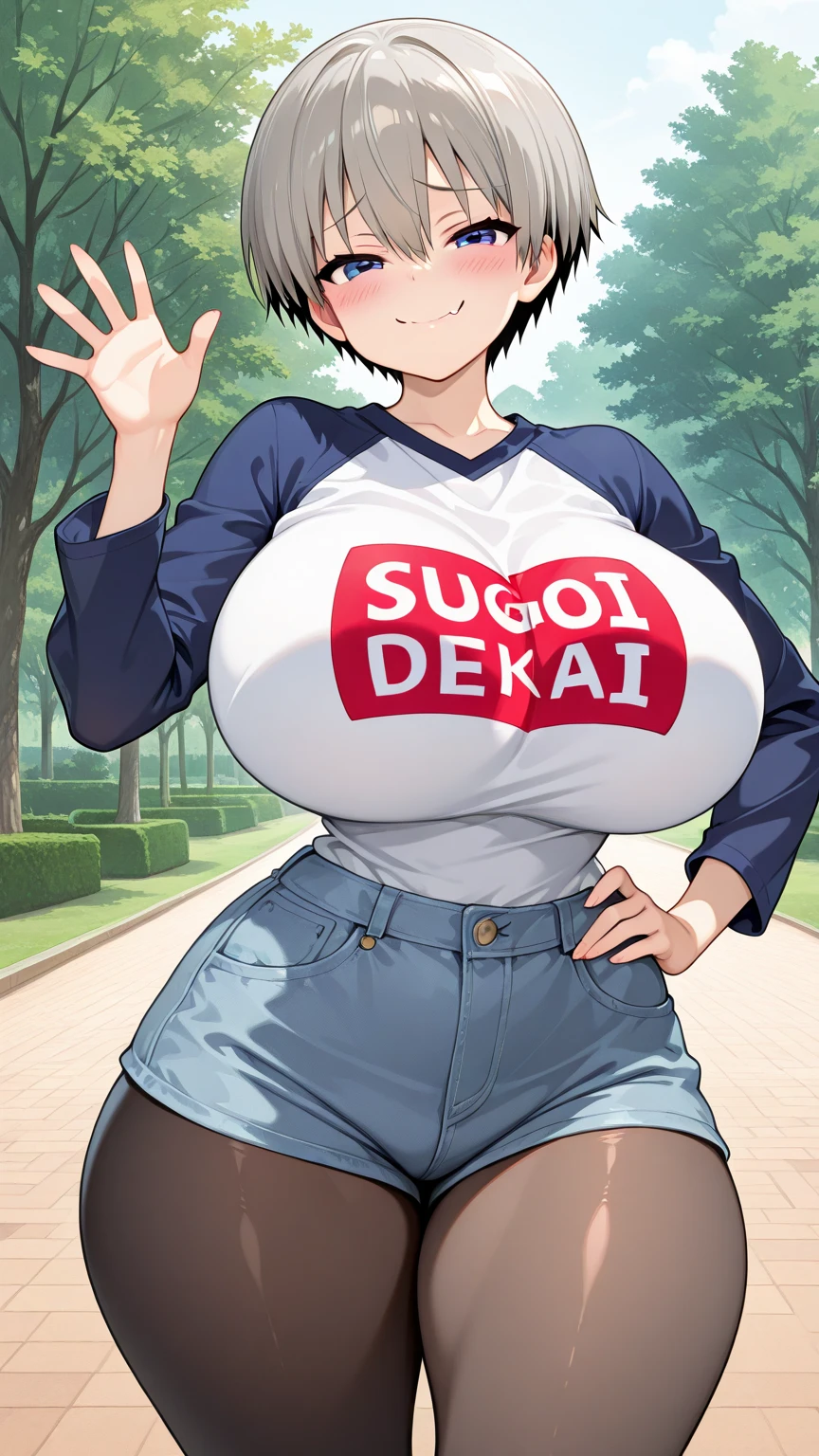 (best quality,4k,8k,highres,masterpiece:1.2), ultra-detailed, (realistic,photorealistic,photo-realistic:1.37), HDR, UHD, studio lighting, ultra-fine painting, sharp focus, physically-based rendering, extreme detail description, professional, vivid colors, bokeh, portraits, photography, (best quality,masterpiece:1.3), (mature woman, milf), (tall:1.2), anime, masterpiece, beautiful eyes, best quality, detailed face, 1girl, solo, beautiful, uh1, shirt, raglan sleeves, romaji text, clothes writing, long sleeves, denim shorts, pantyhose, fang, huge breasts, huge belly, bloated belly, stuffed belly, plump, chubby, curvy, chubby girl, belly, big belly, fat belly, topheavy, bellyheavy