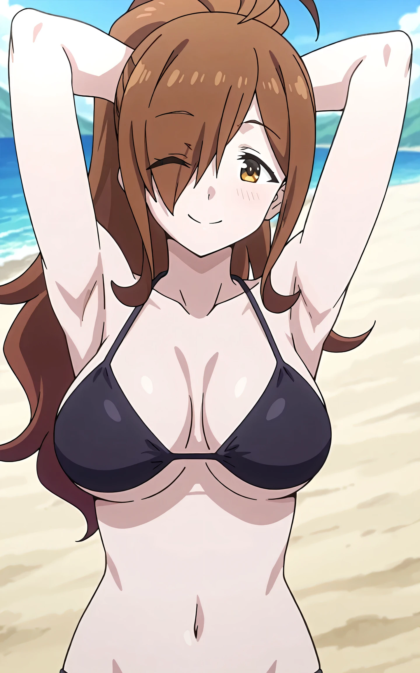 solo,1girl,iida nana,railwars!,brown hair,brown eyes,long hair,mature female,bikini,huge breasts,sea,smile,open mouth