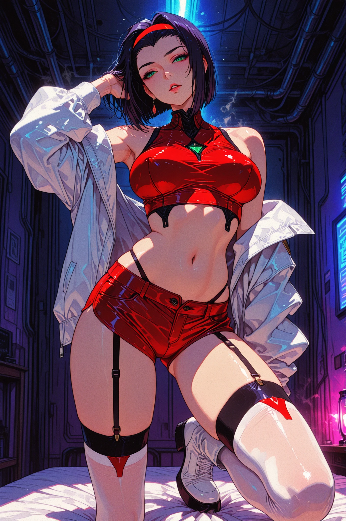 Beautiful girl,Korea, sitting among red light neon, futuristic,
 18 years old,Short hair, shoulder length,black hair, medium breasts,wet, sweat, camel toe, red lips ,Wear glasses,
White underwear, sexy pose,
 red eyes, cyberpunk  world, Squat and spread your legs. Sexy lady, naked girl,
Two horns and a red demon tail, succubus, slim,
