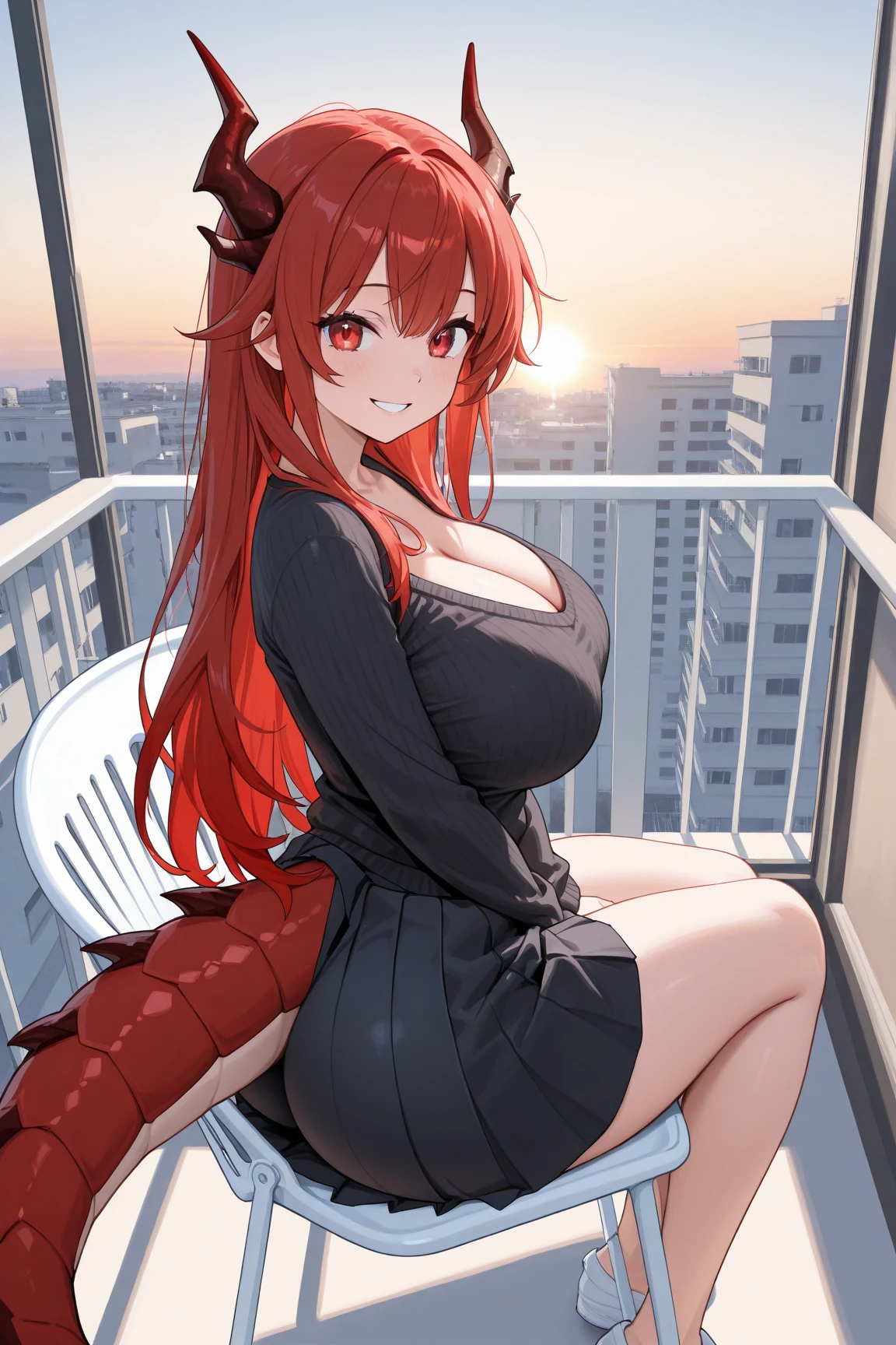 Happy woman, with wolf ears and red hair, holding her cheeks, wolf tail, wearing a latex dress, looking at veiwer, full body, you can see her chest, naked breasts