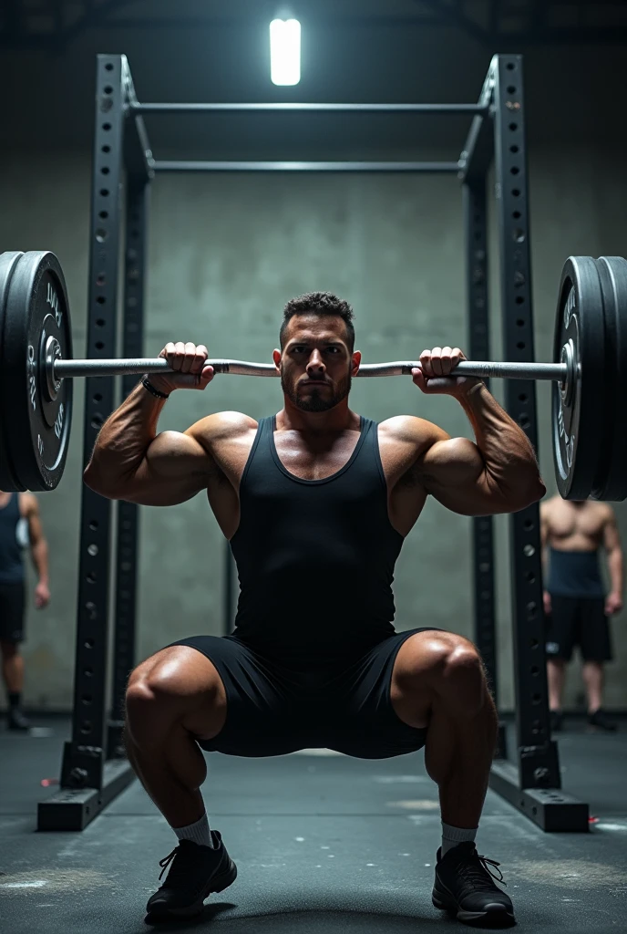 man having a workout at the gym, barbell, shaved head, tank top, athletic shorts, cinematic lighting