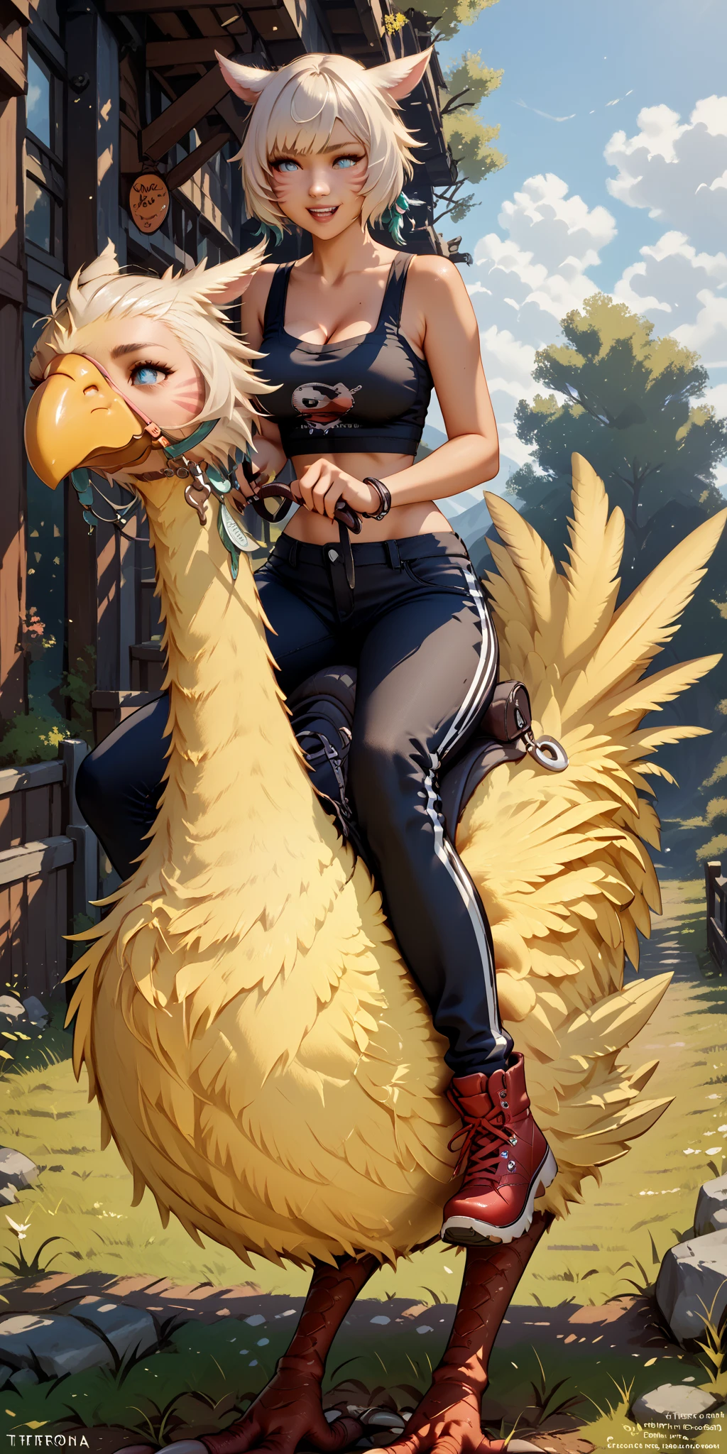 anthro secretary_bird, beak, female, happy, jumping in joy, at a carnival, festival, in a crowd, wearing a tank top and shorts, roller skates,