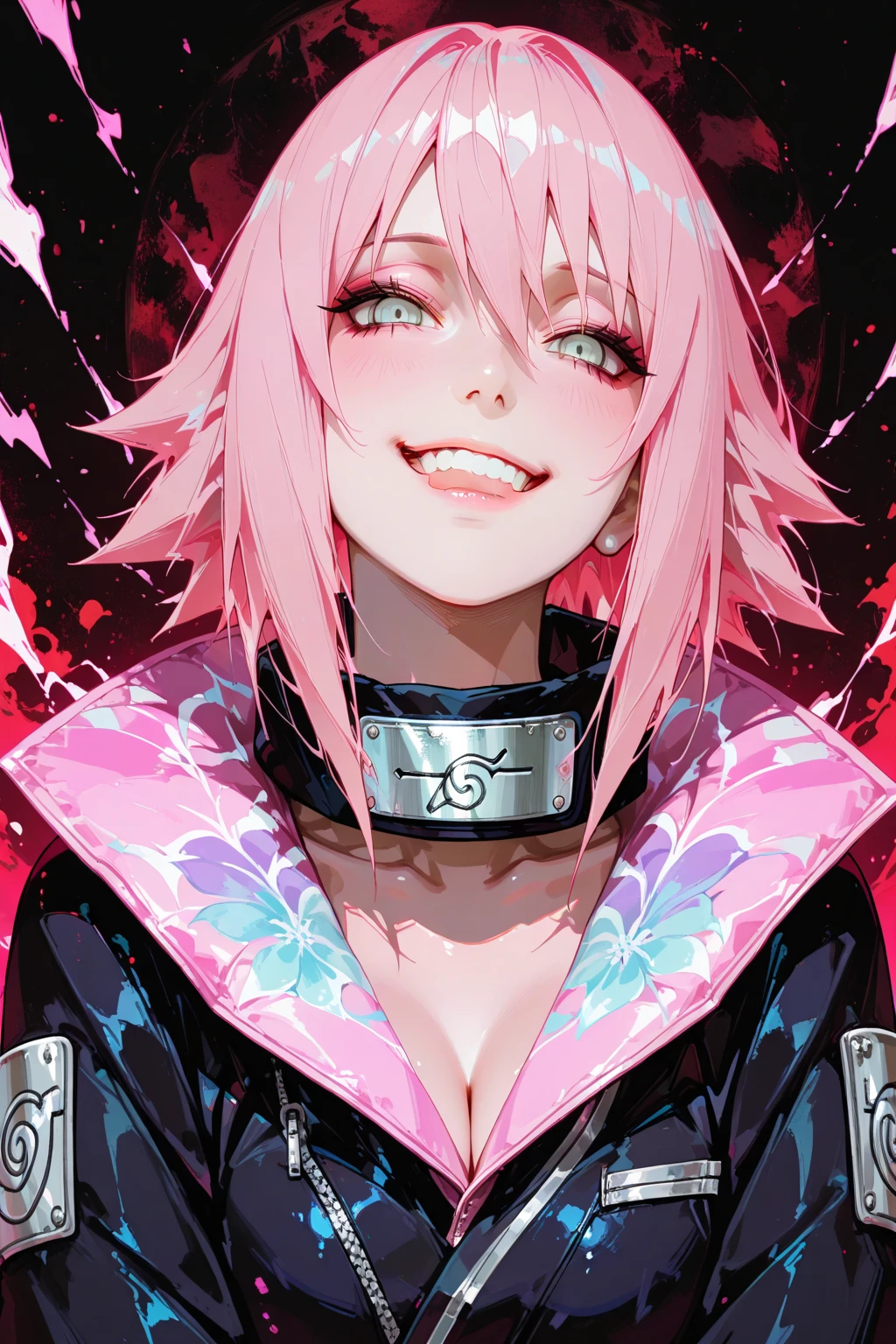 Alternative anime girl covered in tattoos, lots of tattoos, tattoo sleeves, focus on pink and yellow colours, illustration, basic colour backgrounds, industrial, graphic, Lino print