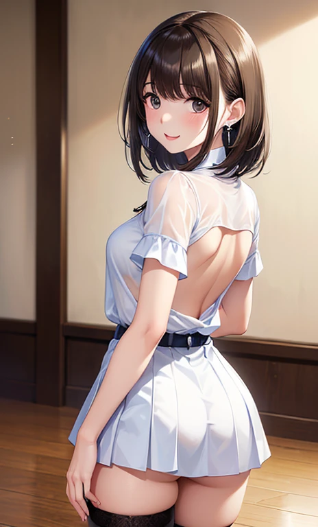 One Girl、positive、Standing posture、Full body portrait、Black Hair、Medium Haircut、blush、Absolute area、Black knee-high socks、Knee-length、stockings、White underwear、Light blue dress、(Very large breasts)、Cleavage、((Lesbians around the world))、masterpiece、(highest quality)、
Panties around the ankles、Black Loafers、Shirt buttons fly off、Unbutton your shirt、Exposing the breasts、Bare your breasts