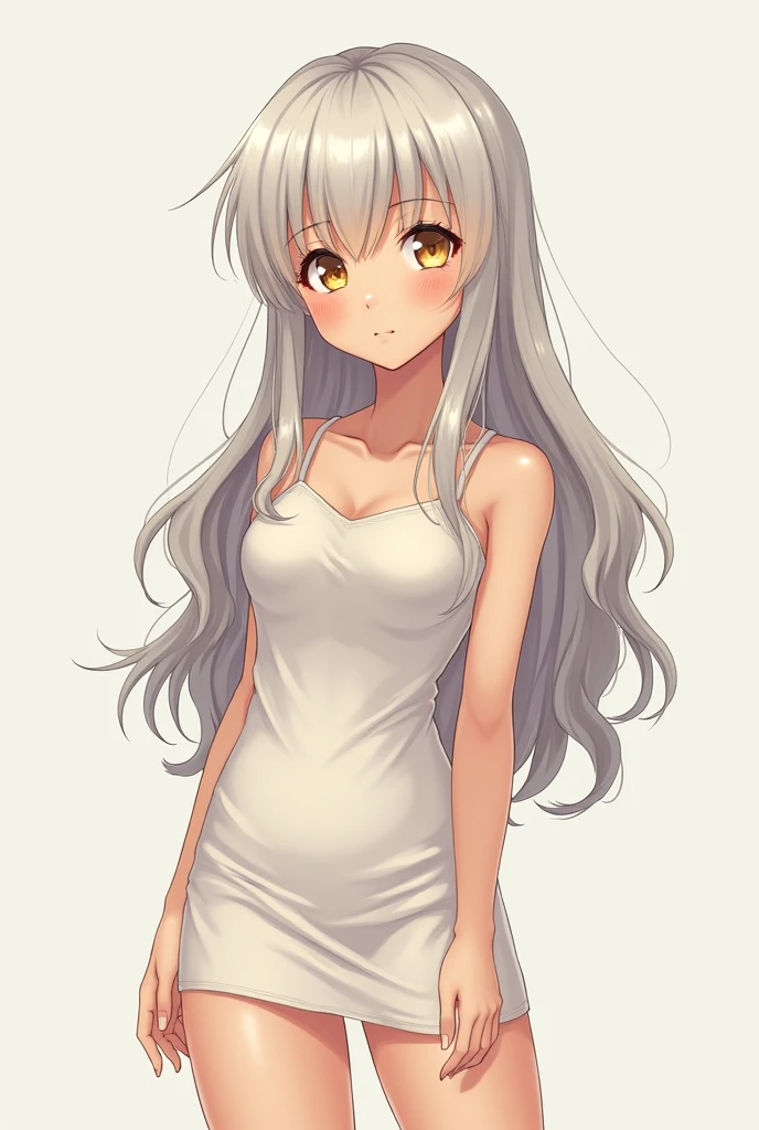 ((masterpiece)), ((best quality)), (from front, facing front:1.32), (close-up:1.2), (half-body shot:1.36), (side bangs hairstyle), perfect anatomy, 1girl, solo, adult cat girl, long gray straight hair, yellow round eyes, gray cat ears, a gray fluffy cat tail, short-sleeved loose white dress, smiling, looking at viewers