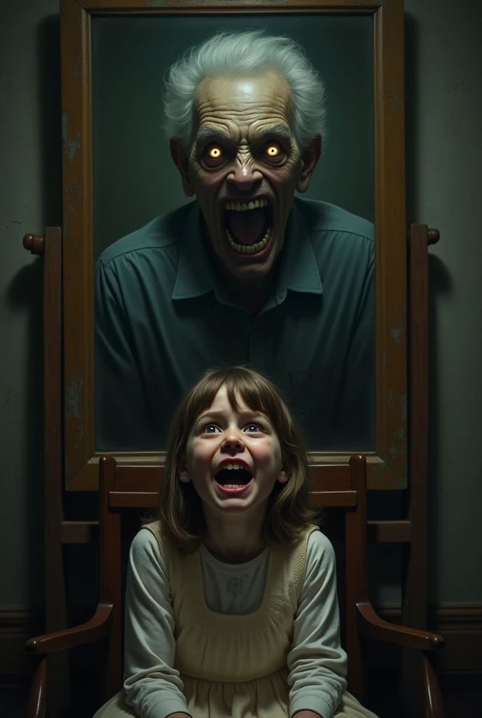 A picture of a woman with terrible horror (ghost) face is hanging on the wall and a boy is watching it with scary face
