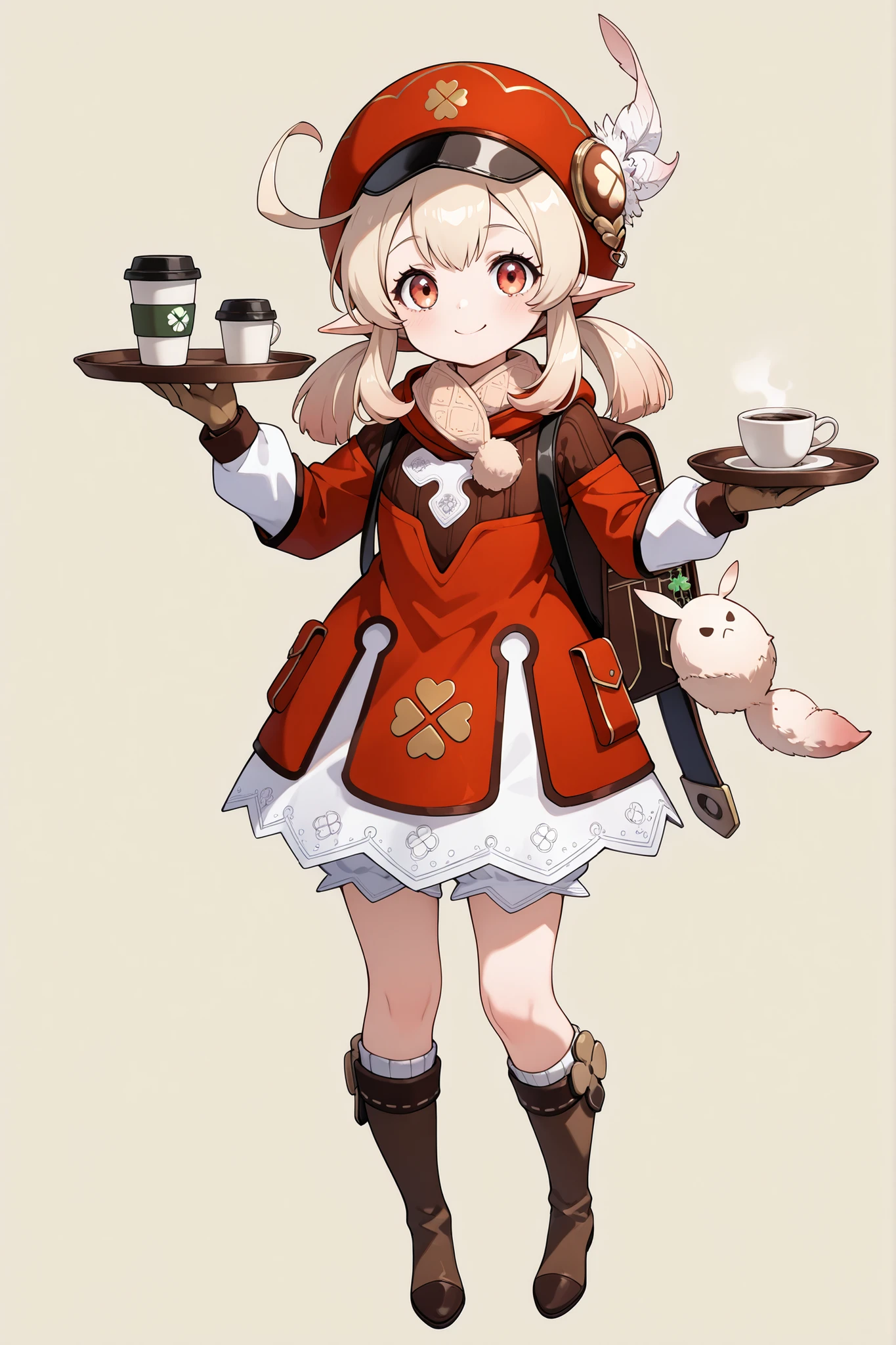 medium chest, (lush),
zzKlee without her hat, long hair, bangs, red eyes, between the eyes, double tails, ahoge, sidelocks, pointy ears, low double tails, light brown hair, gloves, take off your hat, long sleeves, Bag , scarf, dress, backpack, pocket, knapsack, red пальто, brown scarf, Bag charm, clover print, remove the taxi driver's hat, apron
smile, looks at the viewer, coffee shop background , dynamic pose, in hand dessert tray, coffee cup