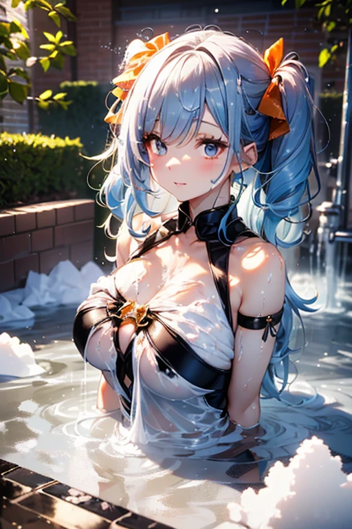 (highest quality, 8K, 32K, masterpiece, UHD: 1.3), 1 female, (Oversized: 1.3), perfect figure,, (attractive), (Sheer skin)) 、((((Transparent see-through dress))))、see-through dresses、lace sheer dress、Transparent dress、Sheer skin、Transparent dressを着た美しい裸の女性、solo、best style、big breasts、The most beautiful in the world、unparalleled beauty、long hair、 ((Roman baths)),、Blue lighting. concept art stunning atmosphere, blue atmosphere, beautiful concept art, Dark majestic gorgeous waterside、(blue water辺、blue water)、blue fountain、blue pottery、Blue Wall、Blue floor、blue reflection、blue window、get wet in blue water、Blue light、blue flower、Blue roses、blue lantern、Expressive、sexy pose、sexy design、pink nipples