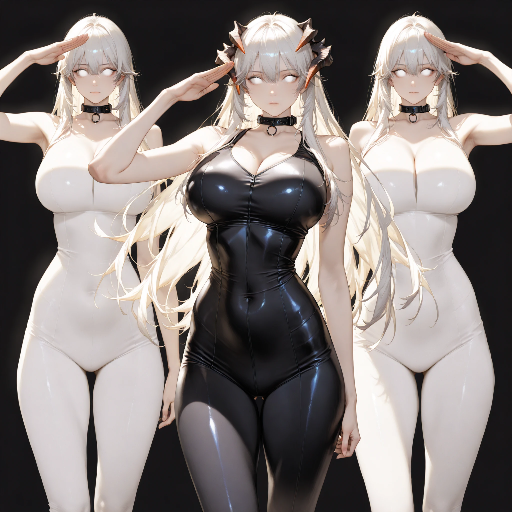 Pale blonde straight hair，Divide hair in the middle，curlies，Forehead exposed，Black slip dress，Full body like，tmasterpiece，ultra-detailliert，Epic composition，high qulity，a beauti，The figure is very good and concave and convex，Stand head-on，greybackground，solid color backdrop