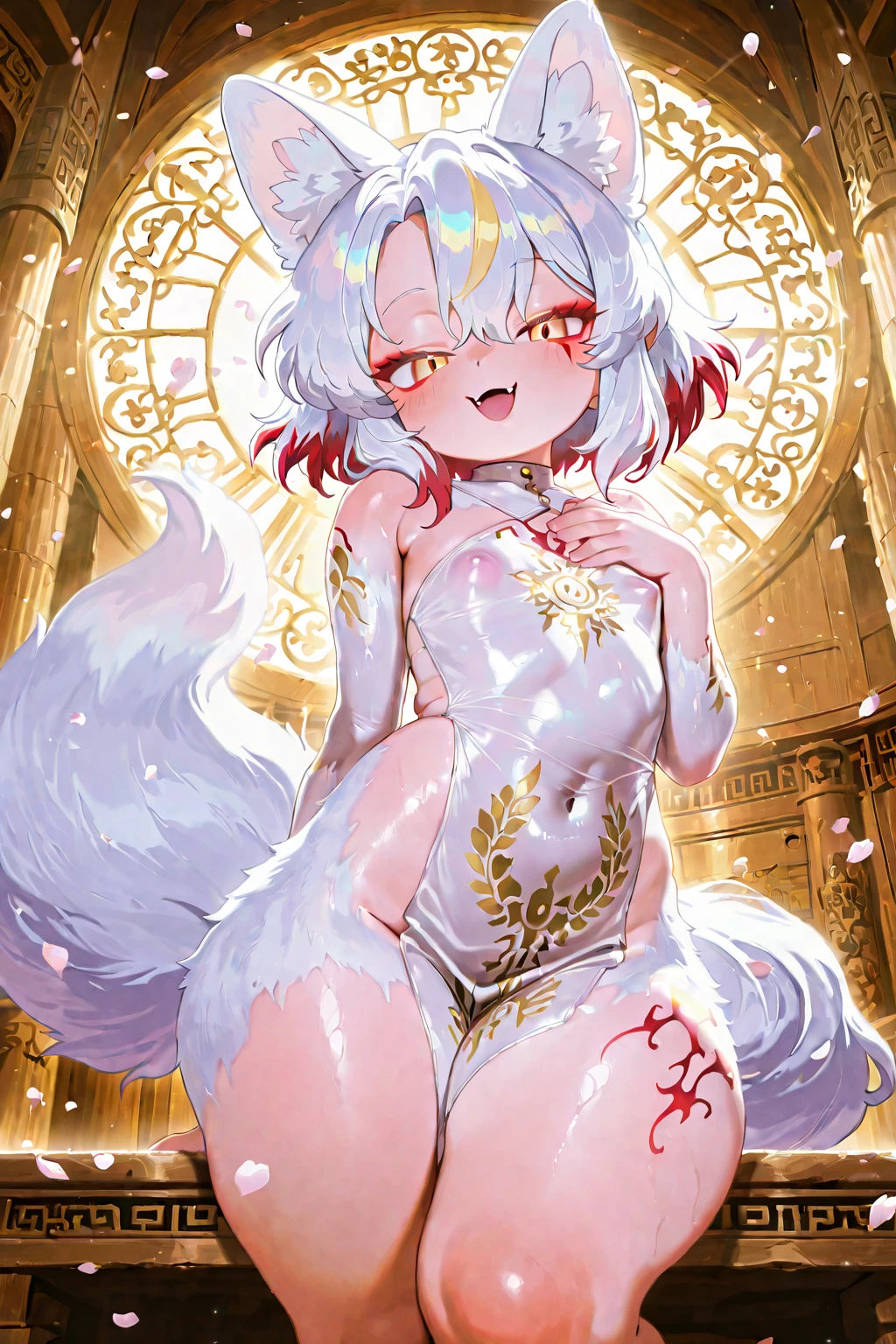 ultra-detailed, masterpiece, masterwork, high quality, best quality, hdr, posted on e621, (by hioshiru), nsfw, female, solo, chibi, (white little body minotaur), hairy dragon, (long silver hair, yellow eyes, detailed eyes, white body), stylish pose, (nude, micropenis, foreskin, balls), front view, dynamic angle