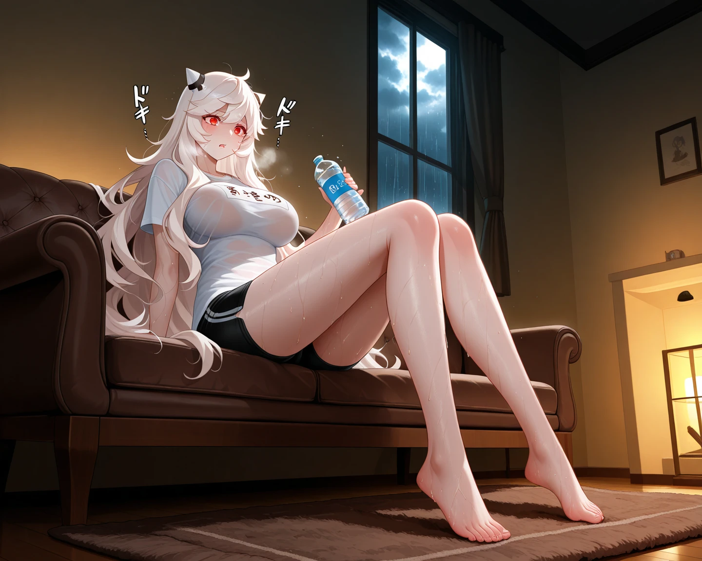 1 girl,High target,abdomen,Ultra-short sailor suit，Large Breasts，Room，Face is so red，Slim，Big breasts can hold the cup，Incredibly sexy，one person，Cat ear，full-body shot，mini skirt，Black socks，Reveals pink underwear，White hair，Legs wide open，AIRPORT，Stockings，Pull open the top
