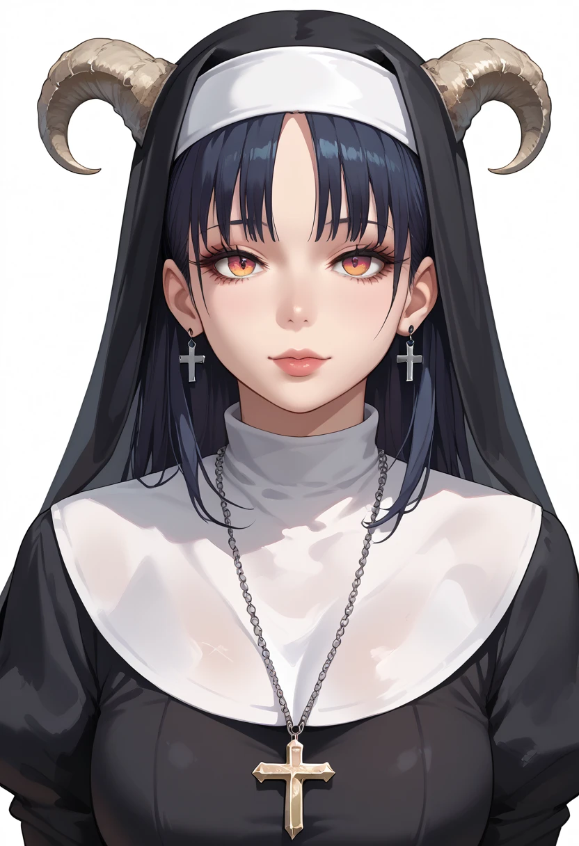 A demon girl wearing a leather nun dress, golden bustier, black horns, emanating a sense of mystery and darkness, dark fantasy, intricate details, inspired by gothic art styles, sharp focus