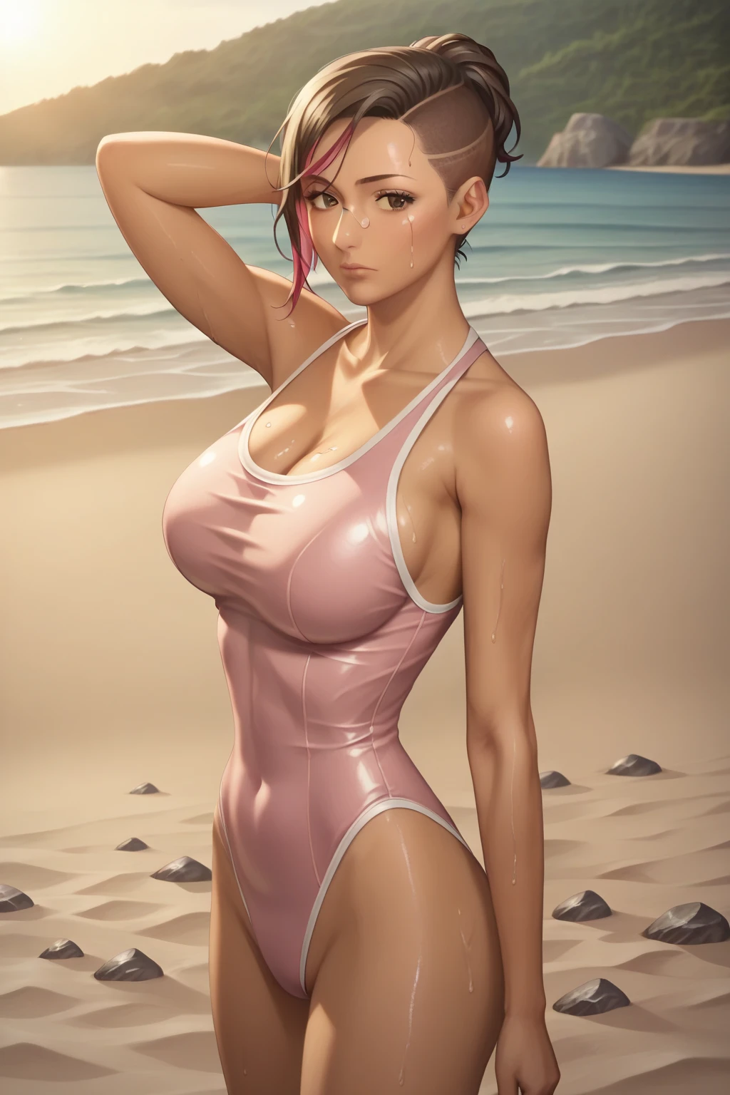 mature female, mature, Adult, h1m3n0, 1girl, black hair, short hair, eyepatch, Himeno(Chainsaw Man), solo, Grin, chest, View your audience, Seductive smile, Beach, Night, Tentacle Background, Pink leotard, tentacle printed, sweet, Steam, dripping, warm feeling, masterpiece, Top animation quality，Top image quality，cinematic feeling,