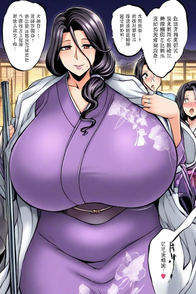 masterpiece、highest quality、1girl , solo , huge breasts、deep cleavage、light pink hair、ponytail、brightly colored eyes、blue eyes、black glasses、japanese green kimono、hakama、flashy necklace、charm、Wet、face turns red, very sweaty, dynamic pose、standing、Headphones worn around the neck、flashy hair ornament、mesugaki、shrine
