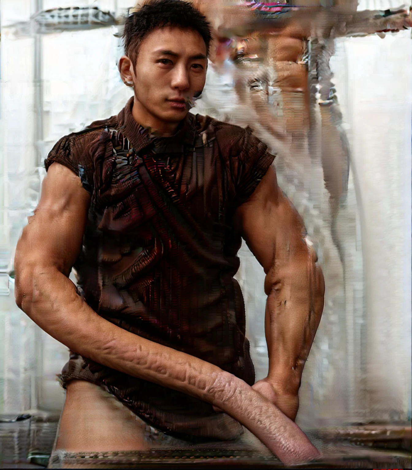 1man,solo,4k,8k,ultraman taro pin up,photo realistic,gay,bara,nude,naked body,slim body,human skin color,hairy body,slim body,head only ultramantaro with naked human body,small penis,shower room