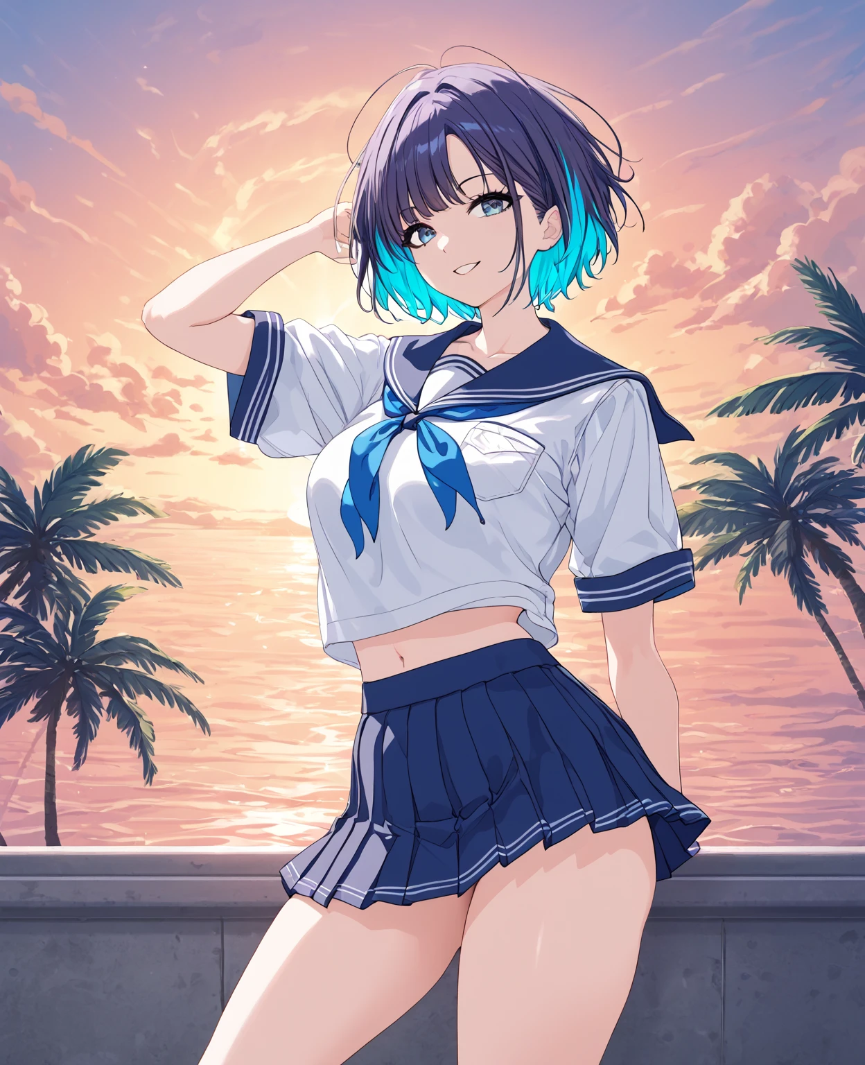 yuriko nanao (million live), 1 girl, Solo, Cute Girl, Best Quality, Ultra-detailed, 8K, High resolution, (((cinematic angle))), Detailed face, shiny skin, Bob Hair, (((bikini, white shirt, front opened shirt))), (((outdoor, walking on the beach, sunset, palm tree,)))