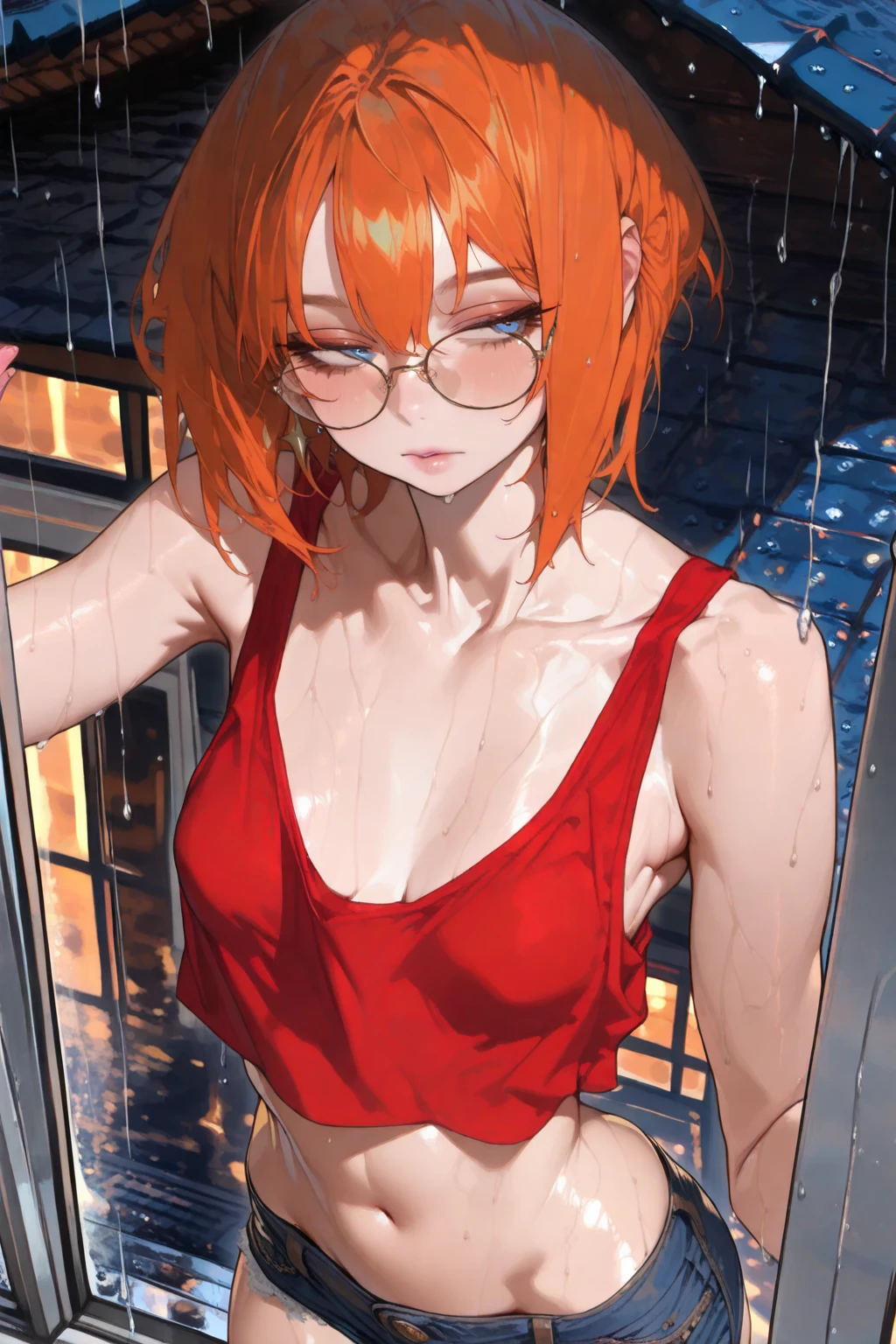 Ebony skin, (Best quality, 4k, Masterpiece :1.3), beautiful woman, hyper realistic, 1girl, ((turned back looking sunset)), (drooping breasts, attractive body :1.2), sit-ups :1.1, short red hair: 1.1, (wet rainy, wet by rain, wet body :1.2), ultra-detailed face, detailed lips, detailed eyes, double eyelid, sensual low-necked dress, open neckline, hanging breasts, side pose, visible curves, pool , poolside, red transparent robe, sunglasses, muscular turned leg, Body position: Standing, straight, symmetrical, barefoot, Lustful smile on face with red blush