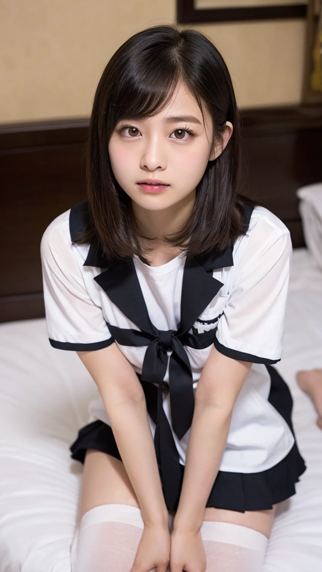 Best-quality, Masterpiece, Ultra-High-Resolution, (Photorealistic:1.4), Raw-Photo, 1girl, 15-years-old, the most famous Japanese idol, on bed, panty-shotwearing tennis-uniform with cute-design, (extremely beautiful black-short-cut-haired, extremely cute face like the most popular Japanese idol, ((extremely beautiful big-black-eyes))), extremely beautiful skins,innocent smile, detailed tennis-uniform-with-cute-design