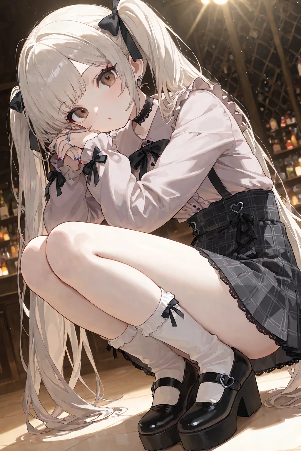 masterpiece,best quality,official art,extremely detailed CG unity 8k wallpaper, incredibly_absurdres, huge_filesize, artbook, light, solo, loli, purple hairband, blunt bangs, medium hair, platinum blonde hair, twintails, cute face, looking at viewer, laughing, aqua eyes, glowing eyes, medium breasts, school uniform, pleated_skirt, cross-laced_footwear, black pantyhose, wristwatch, necklace, wariza/w-sitting,