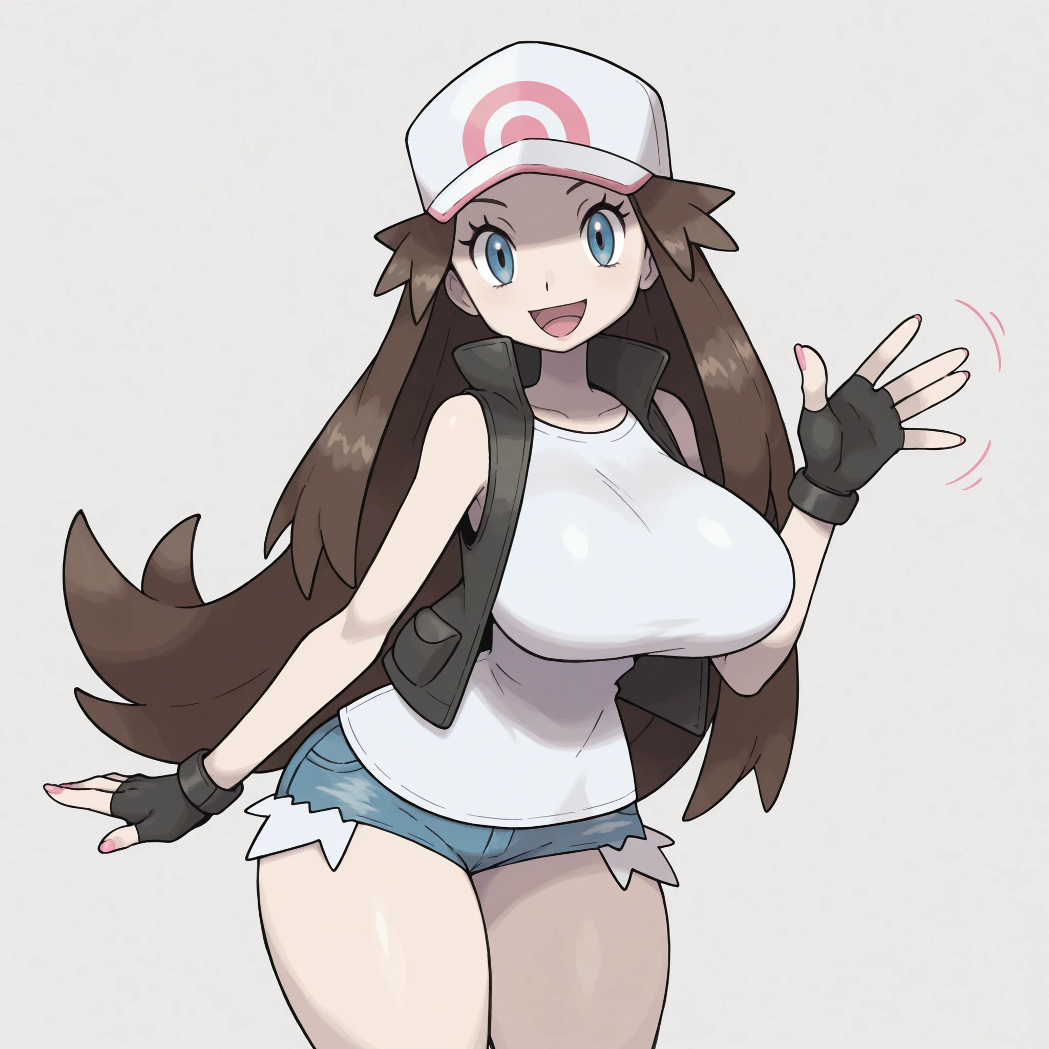 masterpiece, ultra-HD, impressionism, high detail, best quality, very aesthetic, 8k, best quality, beautiful, sugimori ken, very long brown hair, blue eyes, eyelashes, big breasts, narrow waist, wide hips, thick thighs, pink nails, black sleeveless jacket, white oversized t-shirt, white cap, black fingerless gloves, denim shorts, blushed, smile, open mouth, cute, waving hand, standing, looking at viewer, simple background, front view