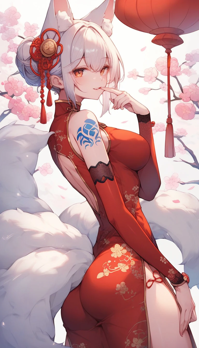 score_9,score_8,score_7,score_8_up,score_7_up Exotic furry cartoon, oriental character, 1girl, breasts, tail, animal ears, solo, fox ears, fox tail, dress, skindentation, cheongsam, from the side, big breasts, blush, white background, fox girl, looking at viewers, bare shoulders, short hair, animal ear fluff, food, simple background, holding, cheongsam, cowboy shot, detached sleeves, Hair ornament, red dress, long sleeves, buttocks