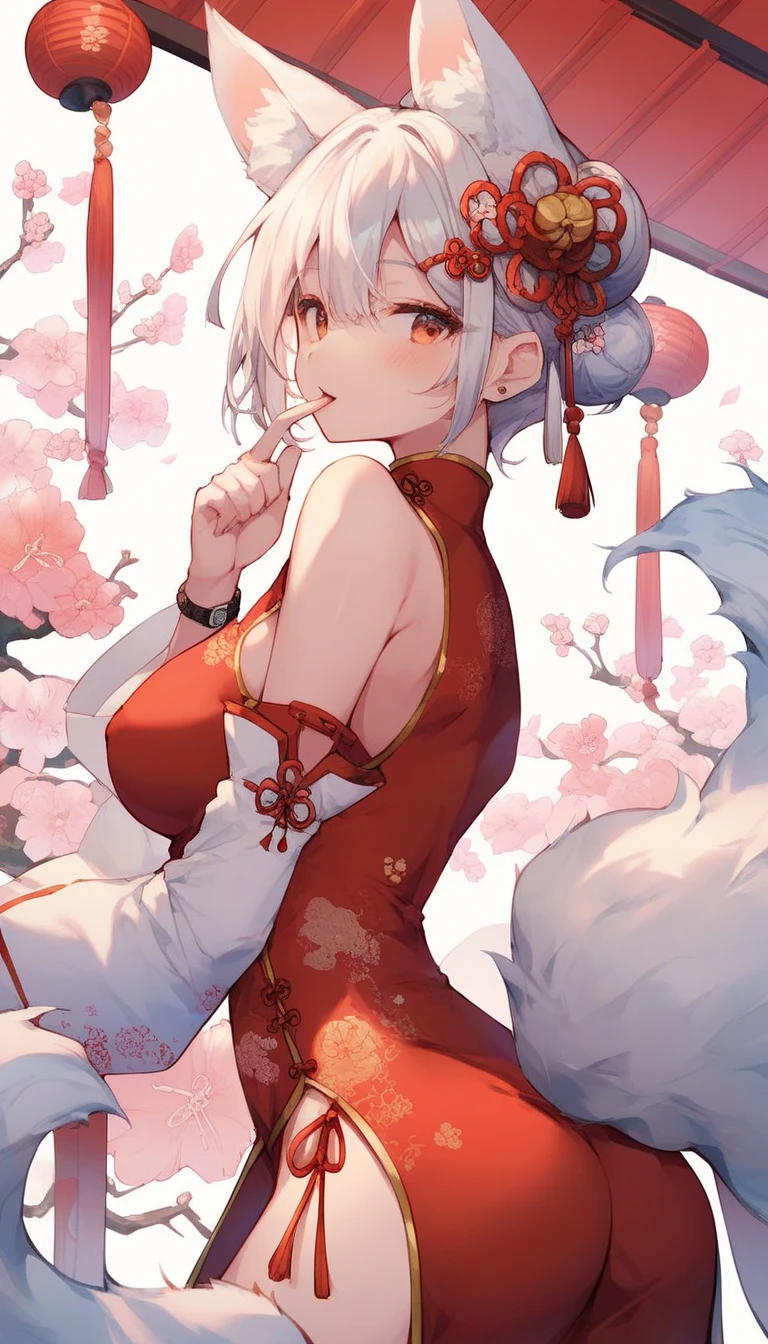 Exotic cartoon, oriental character, 1girl, breasts, tail, animal ears, solo, fox ears, fox tail, dress, skindentation, cheongsam, from the side, big, blush, white background, fox girl, looking viewer, bare shoulders, short hair, animal ear fluff, food, simple background, cheongsam, cowboy shot, removed sleeves, hair ornament, red dress, long sleeves, buttock