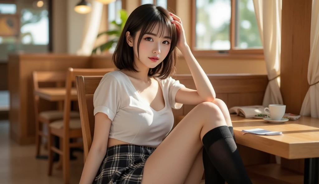 (reality: 1.4),highest quality, masterpiece, high detail, 16K quality, beautiful, 1 beautiful girl,japanese,super beautiful face,baby face,japanese idol face,cute face,super detailed face,detailed hand,beautiful skin,oily skin,big eyes,profeccional lighting,medium hair,black hair,brown beautiful eyes, sitting whith knee up,arms behind back,big smile,legs spread,spread pussy,(skirt lift),big breasts,(topless),(checked skirt),(spread pussy),detailed pussy,black high socks,she is looking at the camera,Skyscraper rooftop,blue sky, nsfw,from below,