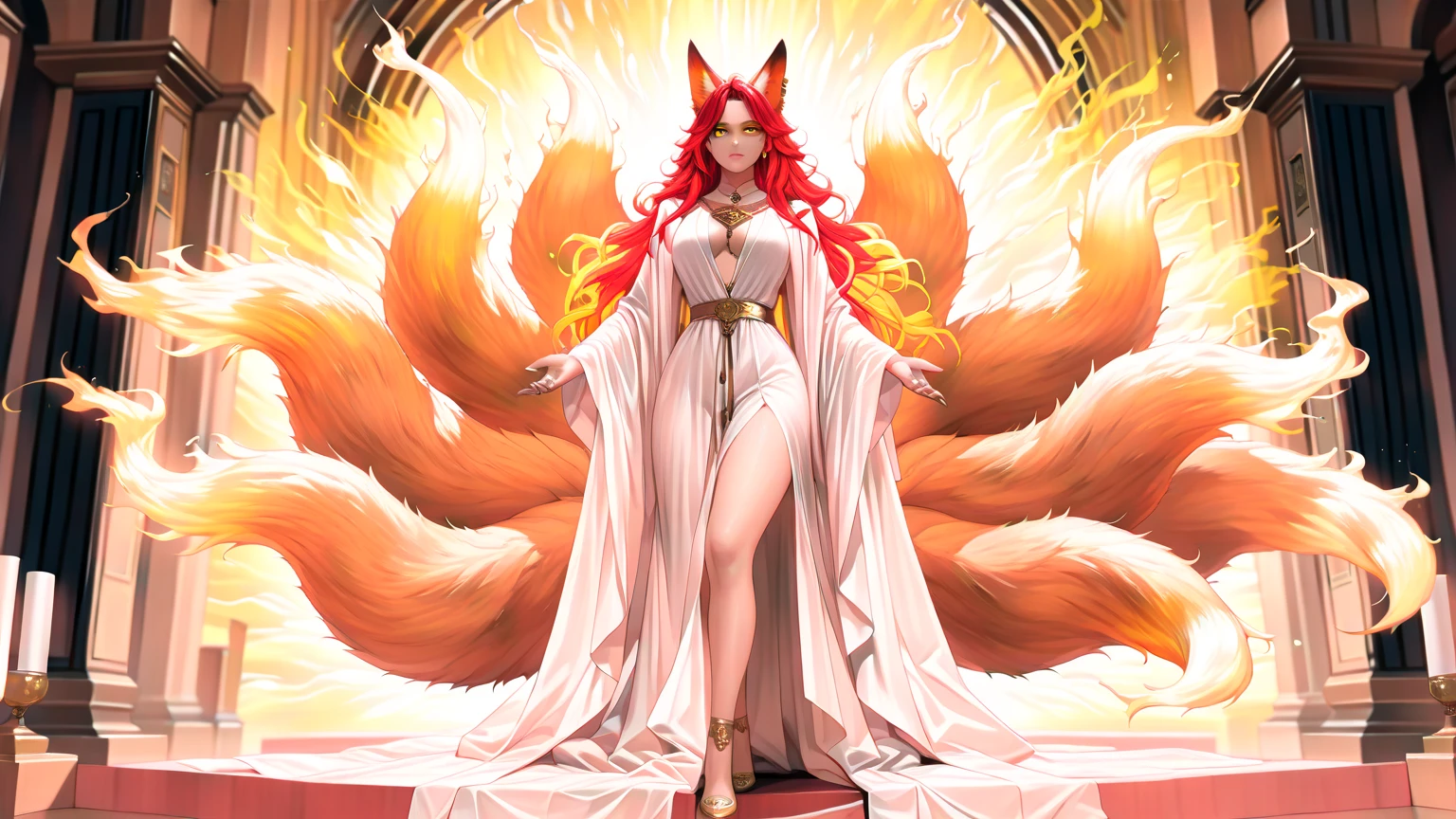 art nouveau, anime, female, fox ears, fox tail, lots of bare skin, fully transparent clothes, bare upper torso, happy, red hair