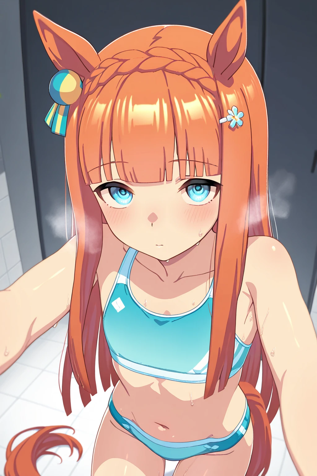 best quality, insanely detailed, nino nakano, breasts, blush, swimsuit, striped bikini, flower print, halterneck bikini