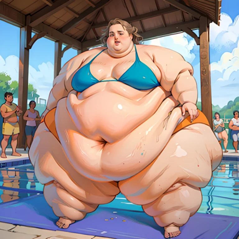 A ((human woman sorceress )) (shocked emotions:1.3) tavern background, (()) ,realistic anime style, tight dress, water inflation, standing, wide stance, slighty bent over, (water spraying out of mouth) heavy belly, spherical inflation, puffed legs, puffed arms