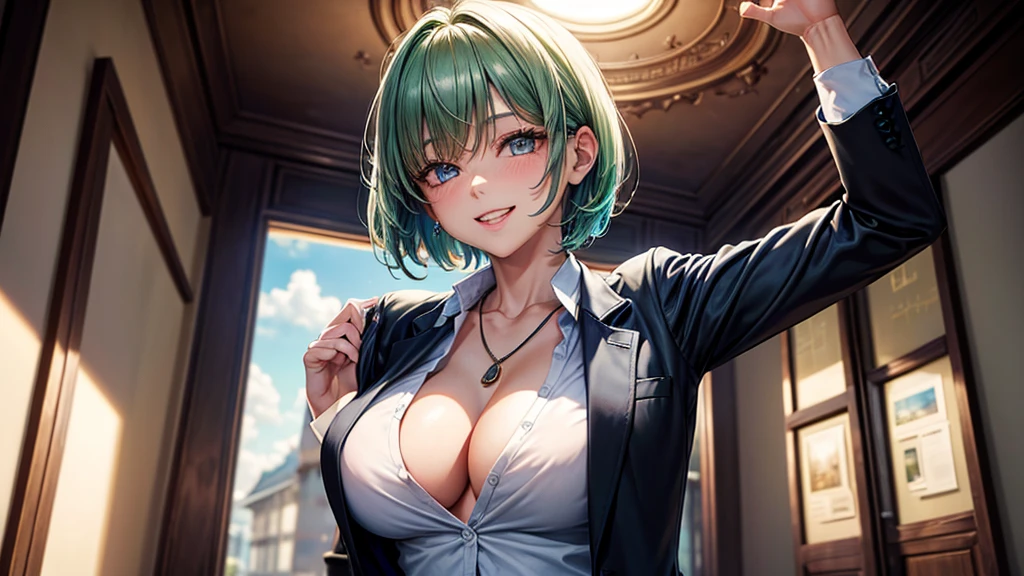 upperbody closeup,sportrait,With sunglasses,little breast,Fashionab,Handsome,15 year old woman,cleavage,Green short bob hair,Off-the-shoulder attire,Restaurant