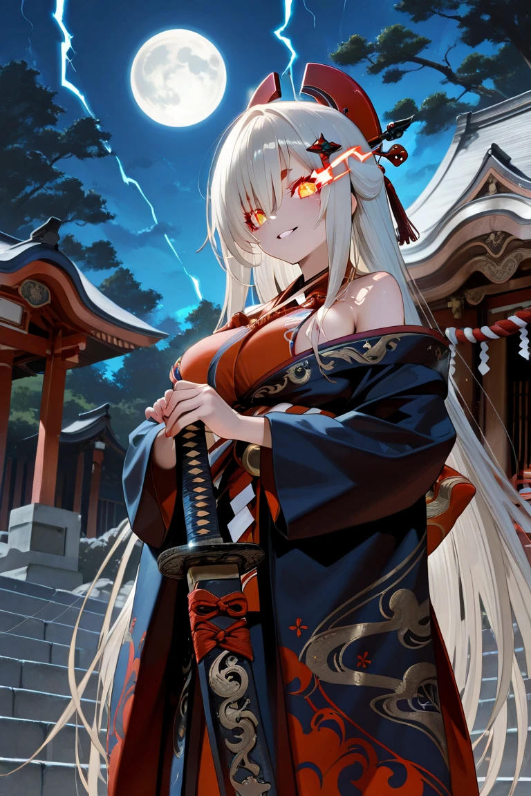 (hero neisan art style:0.7), (harayutaka art style:0.7), score_9, score_8_up, score_7_up, score_6_up, uncensored, kirari, braid, makeup, twin braids, blunt bangs, aqua nails, aqua eyes, blue lips, hair ribbon, grey hair, nail polish, BREAK (masterpiece:1.2), best quality, high resolution, (detailed eyes:1.3), perfect lighting, (perfect hands, perfect ???????), large breasts, night, sword, 1girl, katana, night_sky, solo, japanese_clothes, sky, cleavage, wide_sleeves, sheath, earrings, star_(sky), over_shoulder, looking_at_viewer, detached_sleeves, moonlight, outdoors, shaded face, looking down, expressionless, lips, torn clothes, burn scar, glowing sword, bokeh, shimmering light, sparkle, 