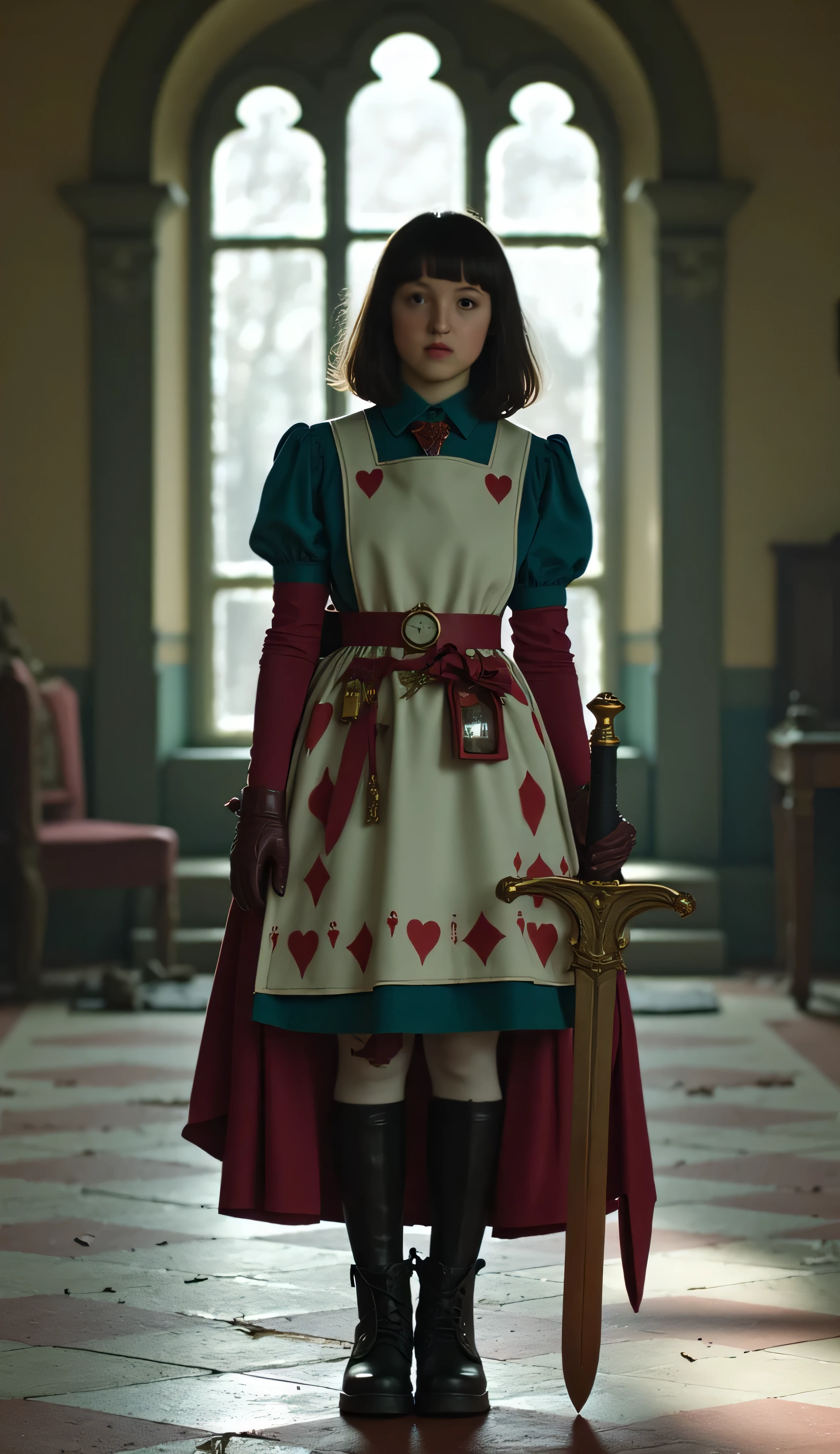 Bella Ramsey as Alice in Wonderland, gothic fantasy warrior version, standing confidently, inside ruined palace, tall arched windows, checkerboard floors, wears stylized battle-dress, inspired by playing card suits, blue and white, red hearts, diamonds, clubs, spades, apron is detailed with a belt holding a pocket watch, red potion vial, brass key, holds massive sword, heart-shaped hilt, wearing thigh-high black boots, mismatched harlequin stockings and gloves, black and short hair with straight bangs, dark fantasy style, steampunk, high detail, dramatic lighting, cinematic realism
