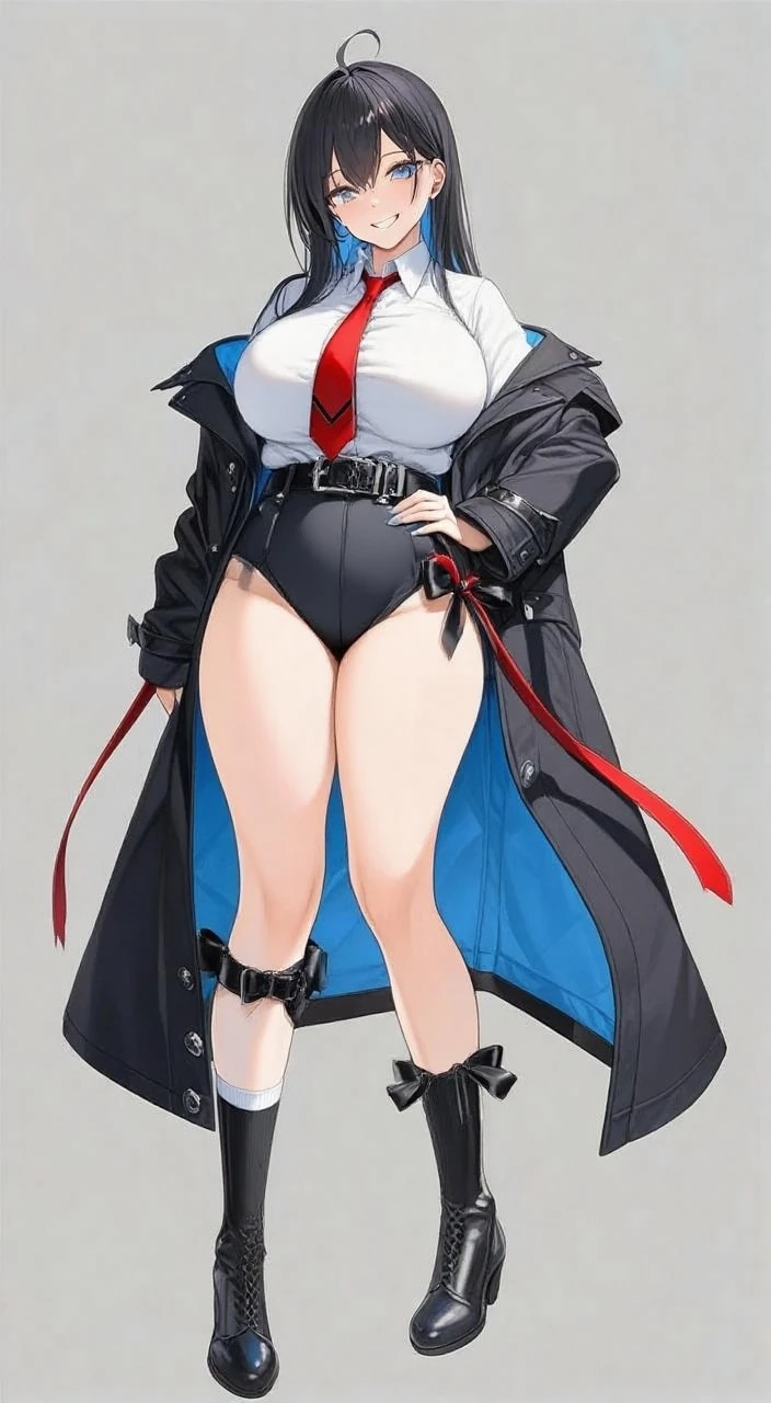 young girl (very sexy), big round breasts, Long collar coat, square mini skirt, wide legs (Portal illness), long socks, wide hip, skinny toned, profile stop, face flirting with the viewer, dark brown hair (two pigtails with a bow), sexy smile, hot, very large and round buttocks