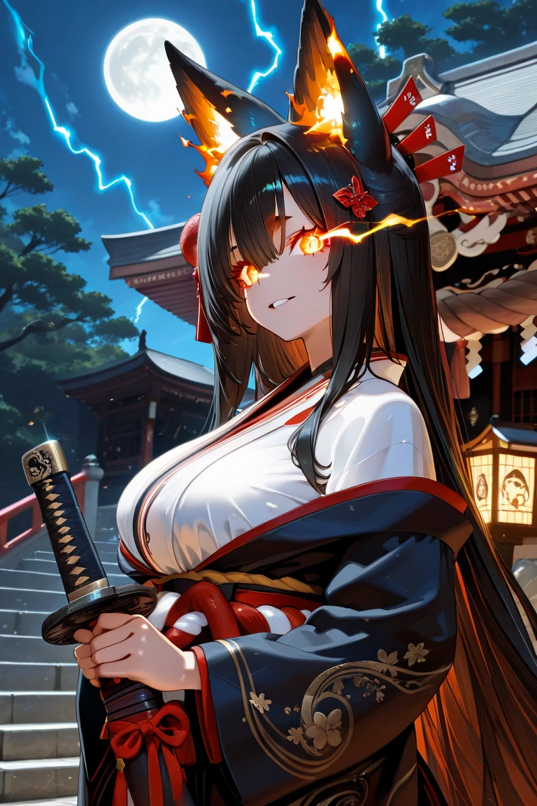 A masterpiece, very detailed, ultra detailed, one, (1 woman), a woman in Japanese closed traditional clothes of a feudal queen and with a traditional handmade fan, light golden eyes, long black straight hair and straight bangs, with huge breasts, she with black demonic horns and black dragon wings with shades of fire, against the background of the sun, fire and flame