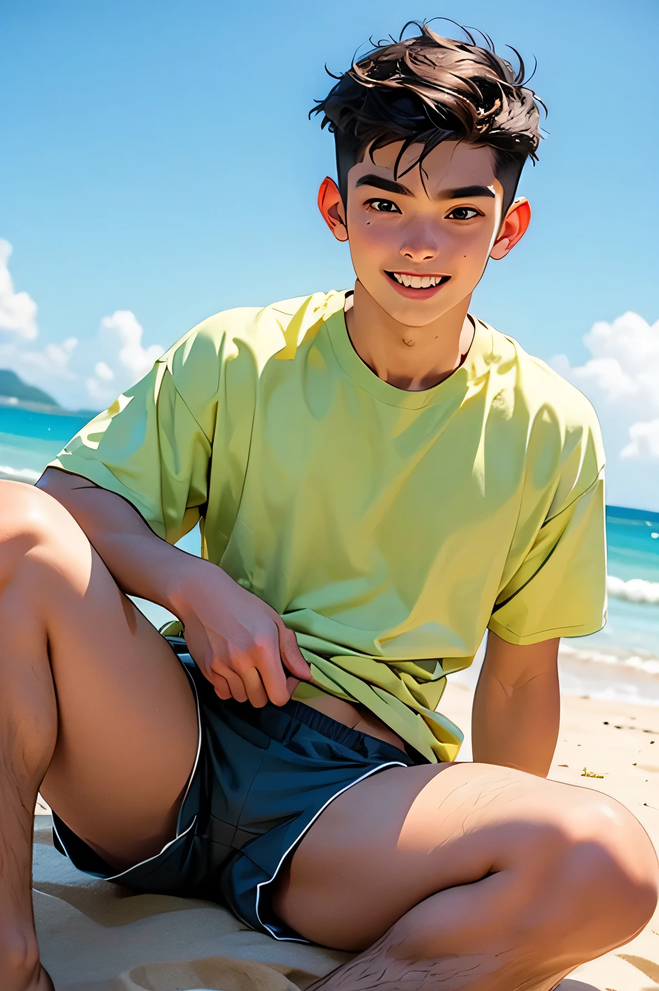 (masterpiece: 1.3), (Best Quality: 1.2), 8k, absurdities, (extremely detailed: 1.3), Highestres, (1boy: 1.2), portrait,
,((( naked))), ,perfect cock,short black hair, very short hair, green eyes, pale, baggy eyes, beach