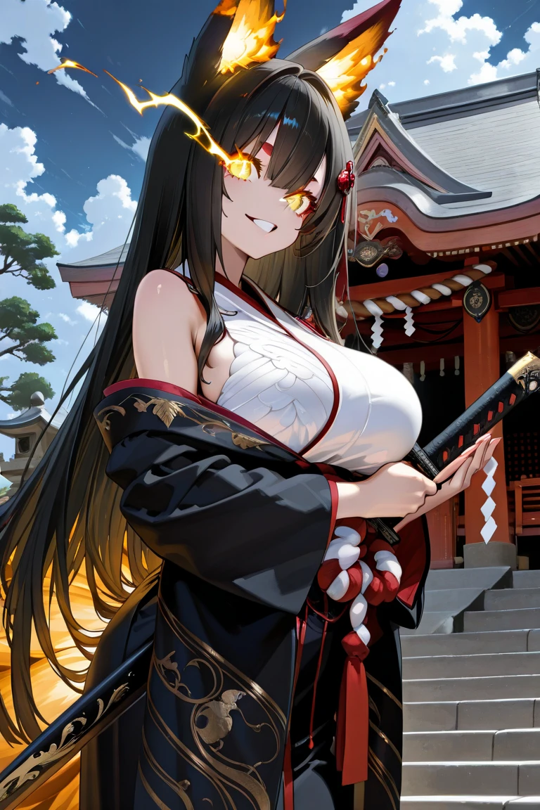 A masterpiece, very detailed, ultra detailed, one, (1 woman), a woman in Japanese closed traditional clothes of a feudal queen and with a traditional handmade fan, light golden eyes, long black straight hair and straight bangs, with huge breasts, she with black demonic horns, against the background of the sun, fire and flame