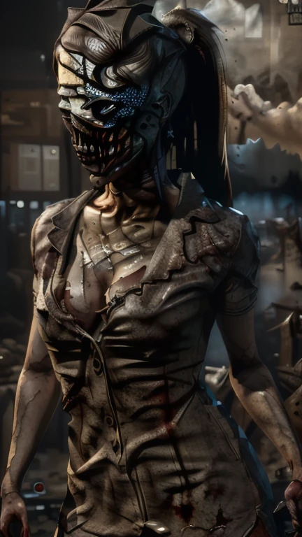 a girl with a fchgr coverign her face, 1girl, fchgr, monster, horror (theme), shirt, pants, black hair, fingerless gloves, holster, boots, armor, science fiction, lying,