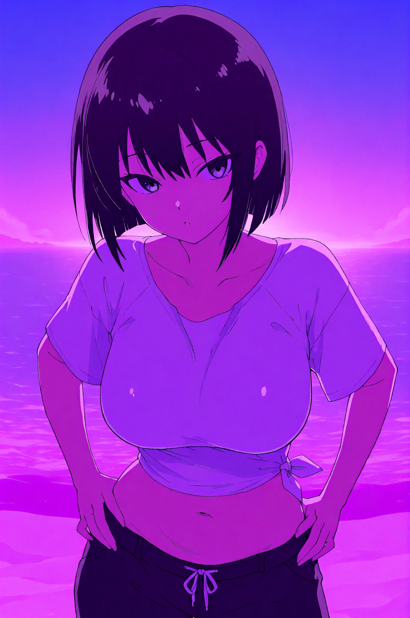 (WALLPAPER, (hinata\(boruto\), masterpiece, 4k, vector coloring, whole body shot, contrast lighting, mature female, (curvy:0.8), solo, anime style, sharp focus, professional artwork, intricate details, detailed beach background, colorful, vibrant colors, vivid colors, digital blending, ultra detailed body, ultra detail hair, ultra detail face, trending on pixiv, very hot colors, sunny day, outdoor, detailed bold arm lines, high color saturation, bold lines, bold drawing lines),
(standing, open mouth, kind smile, extremely happy, goodbye, sexy pose),
((dark blue hair color:1.1), wavy hair, ((short hair, hime cut)),
(perfect eyes, white sciera, bright eyes, white eyes, anime eyes, smoky eyeliner, eyeshadow)
(white skin, slender body, milf, navel, groin, flat belly, perfect face, perfect thighs),
(Thighs, legs, big breasts, perky boobs, off-shoulders, (groin, detailed shoulders),
(almost naked, only white clothes, bare chest, bare shoulders, bare hands, bare legs),
(censored topless)