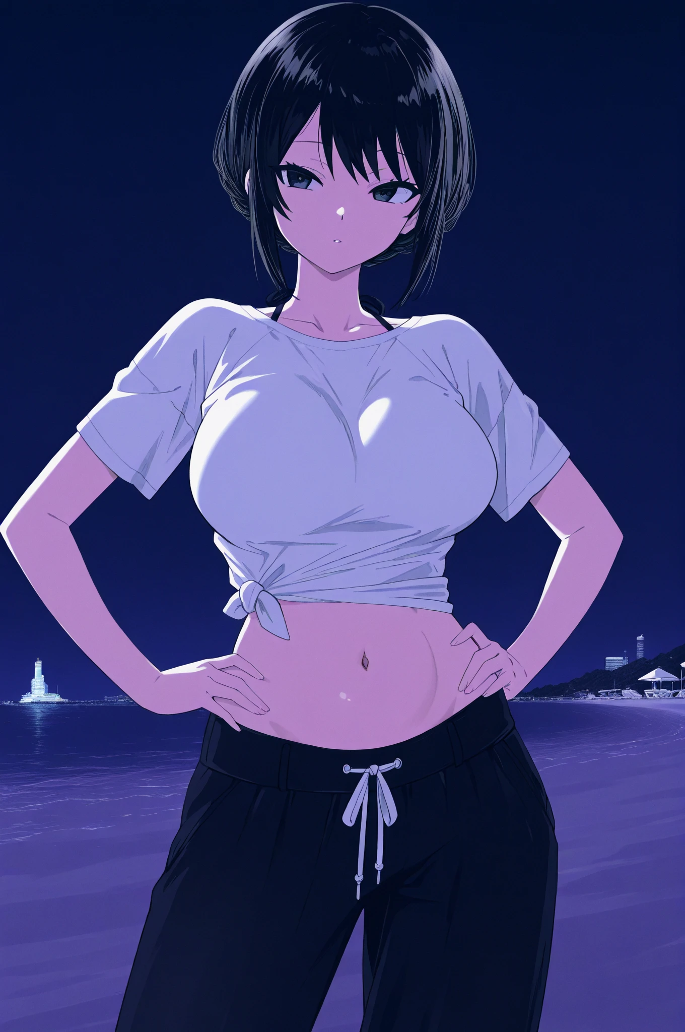 (masterpiece, best quality),intricate details, 8k, uhd, perfect skin, detailed eyes, shizukazom100, 1girl, solo, a photo of anime girl wearing thong pantes,((white thong)),short hair, dark purple hair , bangs, hair ornament, hairclip, pink eyes, white pupils, medium breasts, collarbone, sexy underwear , navel, midriff, elegant pose, detailed backgrounds,arms behind head, looking from down below, ((super sweaty skin)), ((super wet skin)), looking back, look back
