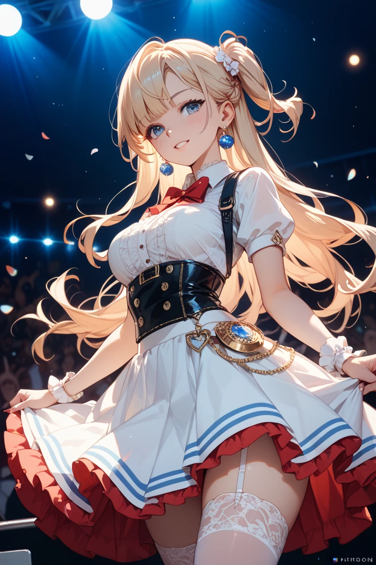masterpiece, best quality, highly detailed, ultra high res, ayase arisa, kitagawa marin, 1girl, solo, hair ornament, flower in hair, blonde hair, glossy lips, full lips, sleeveless idol dress, very puffy frilly skirt, flared skirt, pink thigh highs, white heeled boots, crowd, audience, (see-through skirt:1.2), cleavage, choker