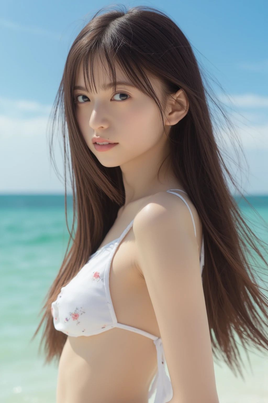 Japan Person, 1girl, 12 years old, japanese Famous idol, 1cute girl, very young face, masterpiece, high quality, small face, （very small tits:1.8）separately white micro bikini style:1.8, sexy pose, dramatic angle:1.4, Stroll around sandy coast,Swimsuit fabric area is extremely small:1.8,