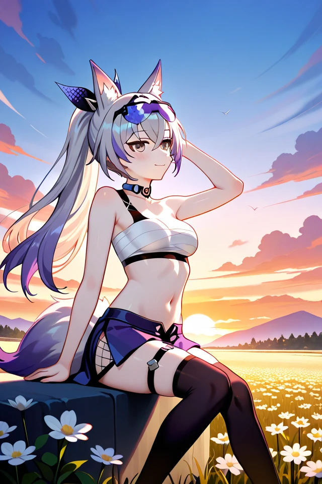 ((Masterpiece)), (Best Quality), Solo, miosha1, hair ornament, ponytail, wolf tail, swimsuit, white shorts, thigh strap, black jacket, leaf print, collar, string bikini, (NSFW:1.2)