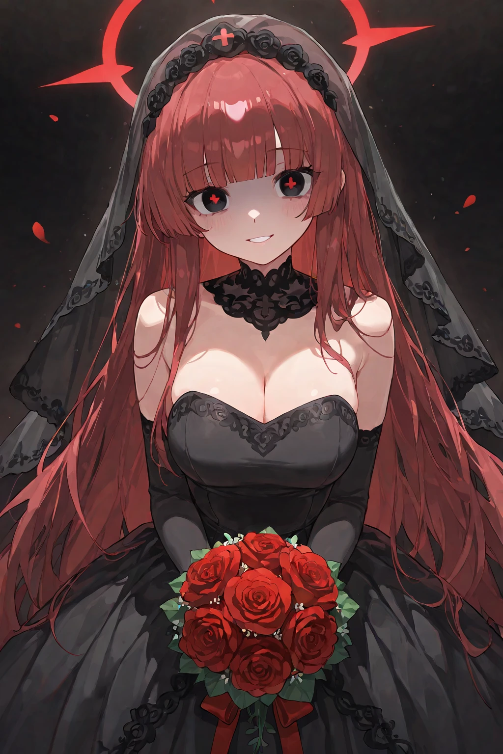slender, mature female, 1girl, rating:safe, gloves, breasts, earrings, elbow_gloves, dress, long_hair, jewelry, flower, red_hair, solo, black_gloves, rose, cleavage, red_eyes, smile, looking_at_viewer, red_flower, red_rose, navel, large_breasts, black_dress, indoors, bare_shoulders, navel_cutout, very_long_hair, veil, light_particles, red_dress, bangs, eyebrows_visible_through_hair, blush, center_opening, sleeveless, blurry, hair_flower, closed_mouth, hair_ornament, sleeveless_dress, lace, petals, hand_up, hair_between_eyes, standing, black_rose, black_flower, brooch, rose_print, light_rays, depth_of_field, necklace