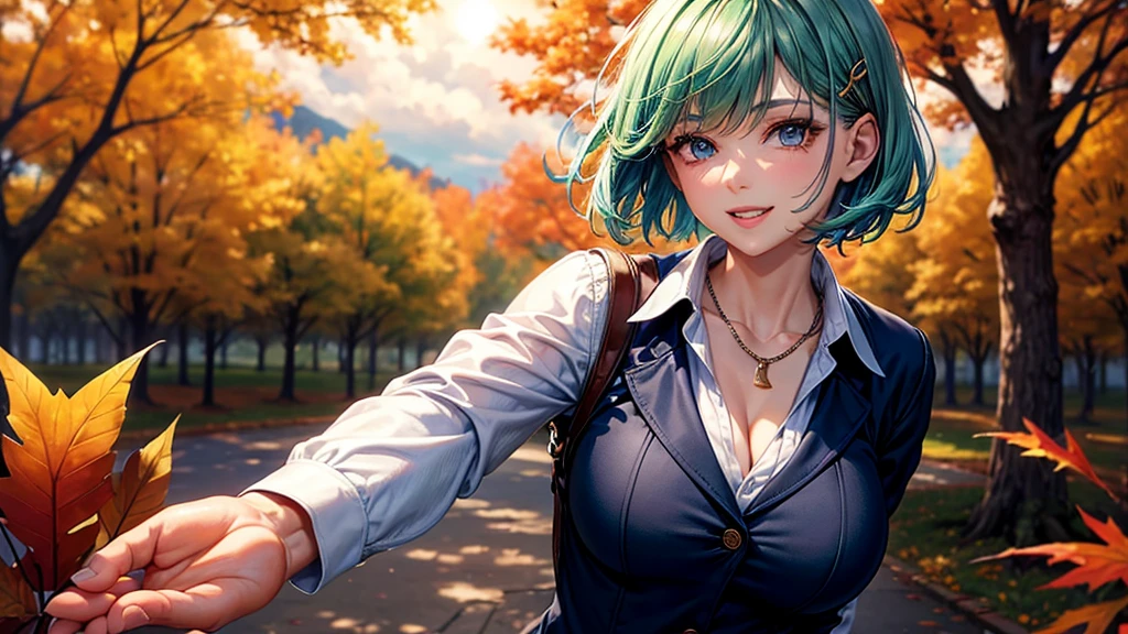 1girl, solo, trees, sun, clouds, autumn, colorful trees, falling leaves, ((blue hair)), short hair, large breasts, ((brown leather jacket)), button down shirt, ((blue checked shirt)), ((unbuttoned shirt)), unbuttoning buttons, ((full cleavage)), blue eyes, long skirt, brown boots, smile, happy, looking at the viewer, walking, upper view, hair ribbon, golden necklate