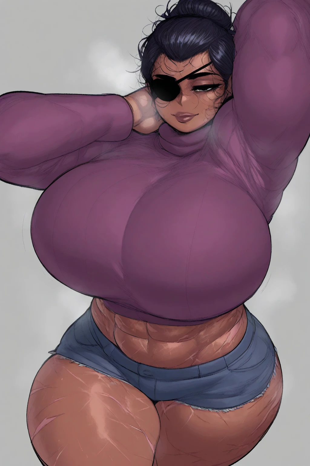 extremely long hair perfect anatomy 1 girl tall solo curvy body ((red scarf)) ((gloves)) perfect hands big tits short hair covering eyes black lipstick long black glows blue eyes naked nipples pussy huge tits like big big