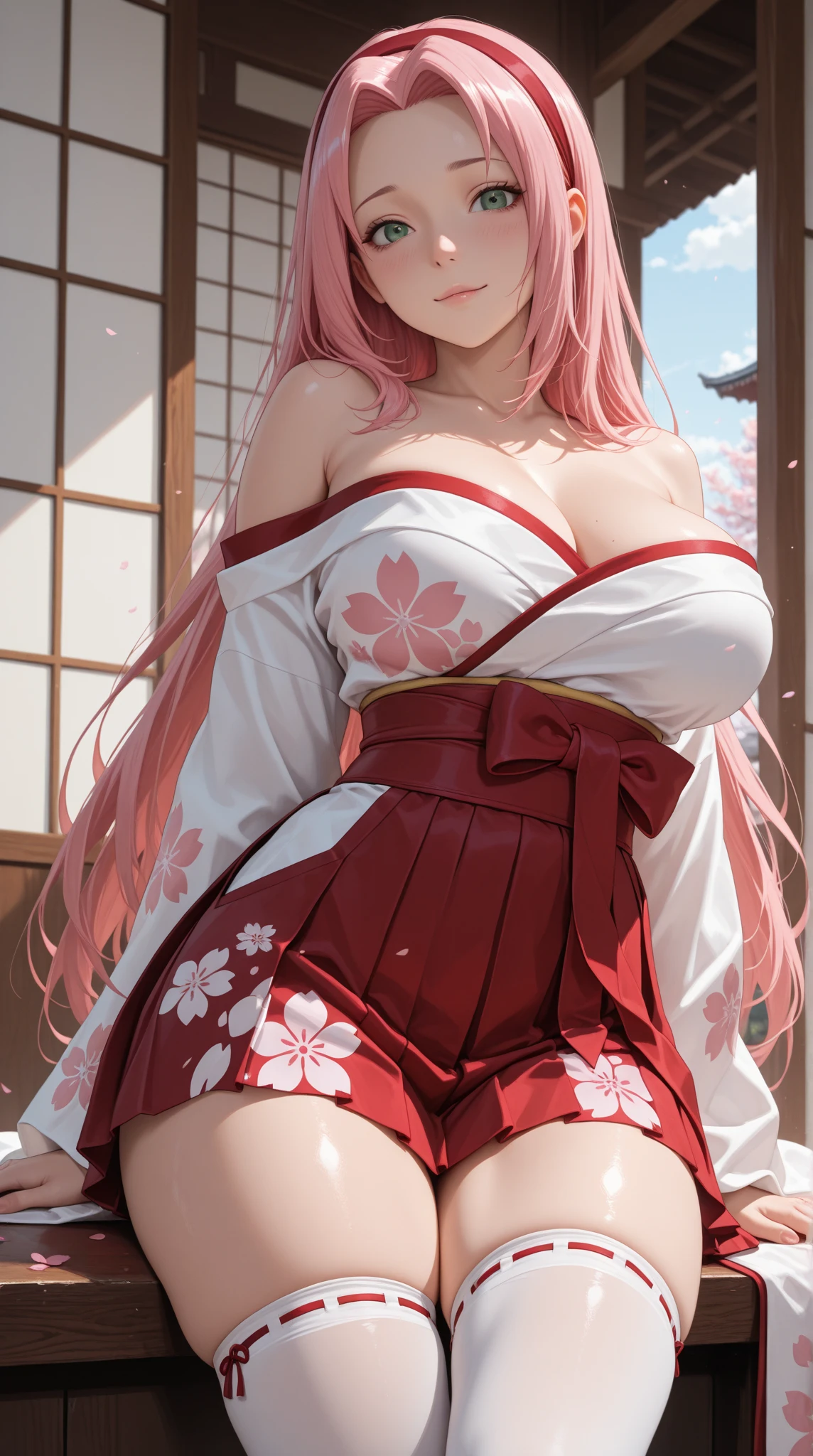 1girl, solo, <lora:char-kokomi:0.9> ,<lora:CostumeMikoJapaneseClothesShrineMaiden:0.9>,shrine maiden,  cleavage, detached sleeves, , white thighhighs, digust, blush, japanese clothes,  tokyo city, mount fuji, huge breasts, choker, standing, hakama short skirt, arms at sides, outdoors,