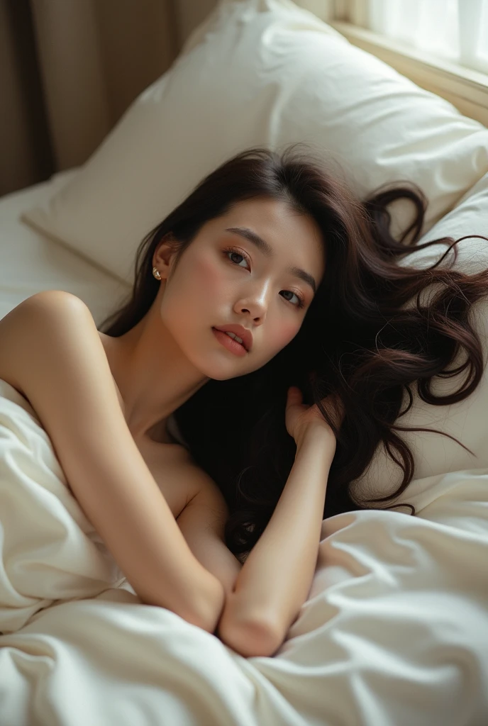 ((Best quality, 8k, Masterpiece:1.3)), A topless Malay lady, (30 years old:1.2), with an attractive figure:1.3, lies comfortably on the bed:1.1. Her skin has a rich, natural tone and is depicted with highly detailed facial and body texture:1.2. Her eyes are closed, revealing long, thick eyelashes and subtle double eyelids:1.3. She has long, dark hair that falls in loose waves around her shoulders:1.2, with a few strands sticking to her forehead and neck. The bedsheets are lightly creased, providing context to the scene:1.1. The room